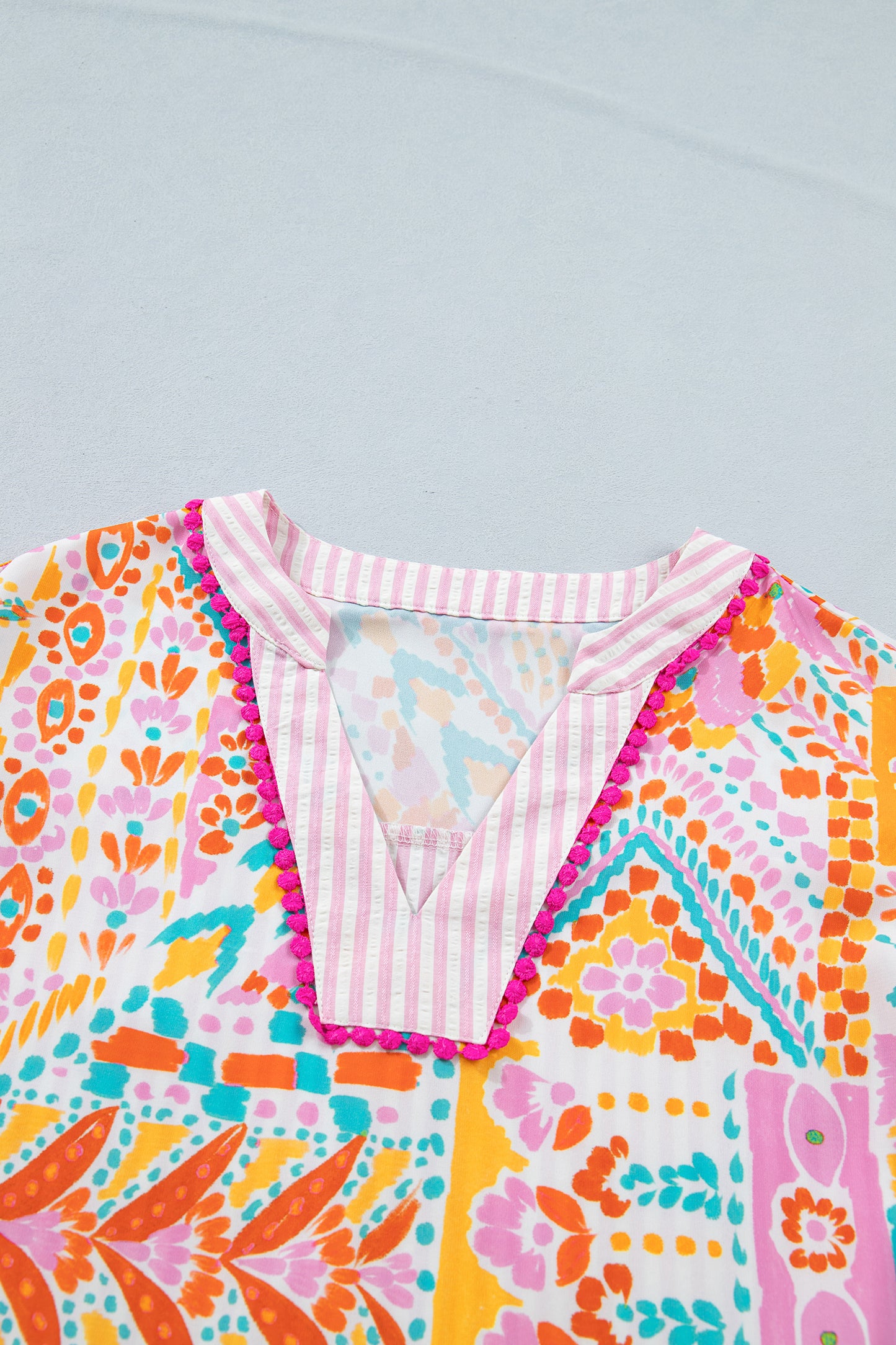 Rose Boho Mixed Print Contrast Trim Striped Patchwork Tiered Short Sleeve Blouse-Tops/Blouses & Shirts-[Adult]-[Female]-2022 Online Blue Zone Planet
