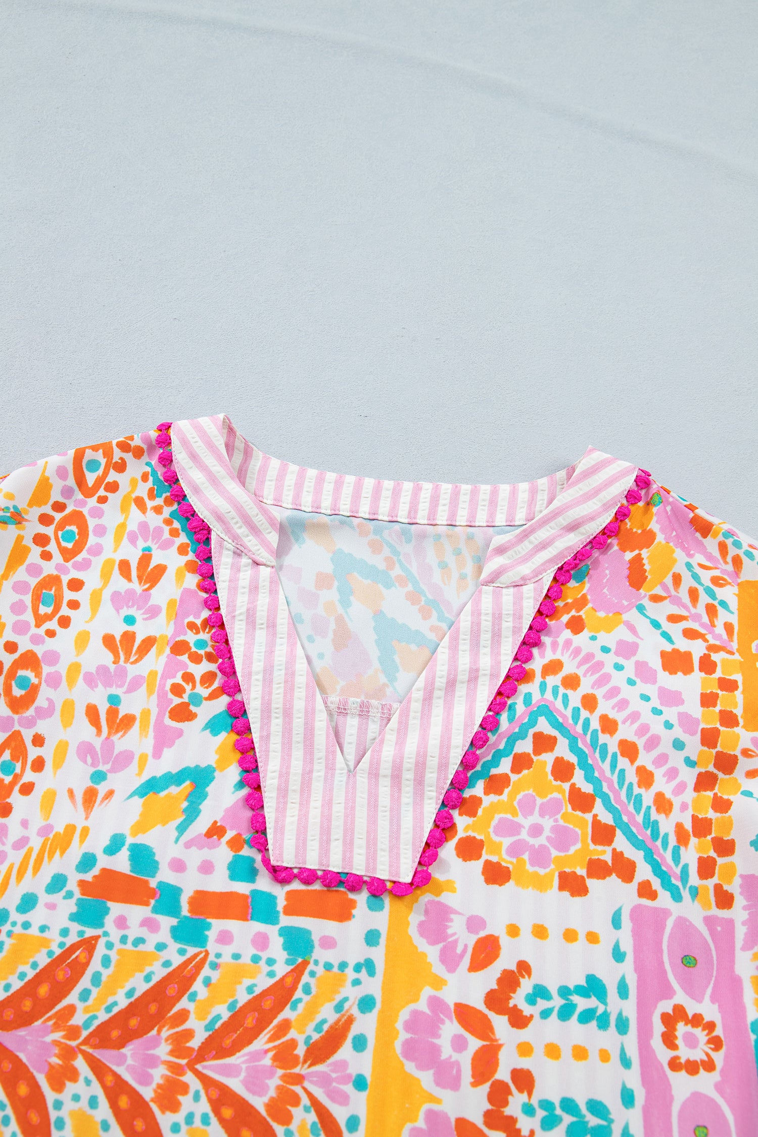 Rose Boho Mixed Print Contrast Trim Striped Patchwork Tiered Short Sleeve Blouse-Tops/Blouses & Shirts-[Adult]-[Female]-2022 Online Blue Zone Planet