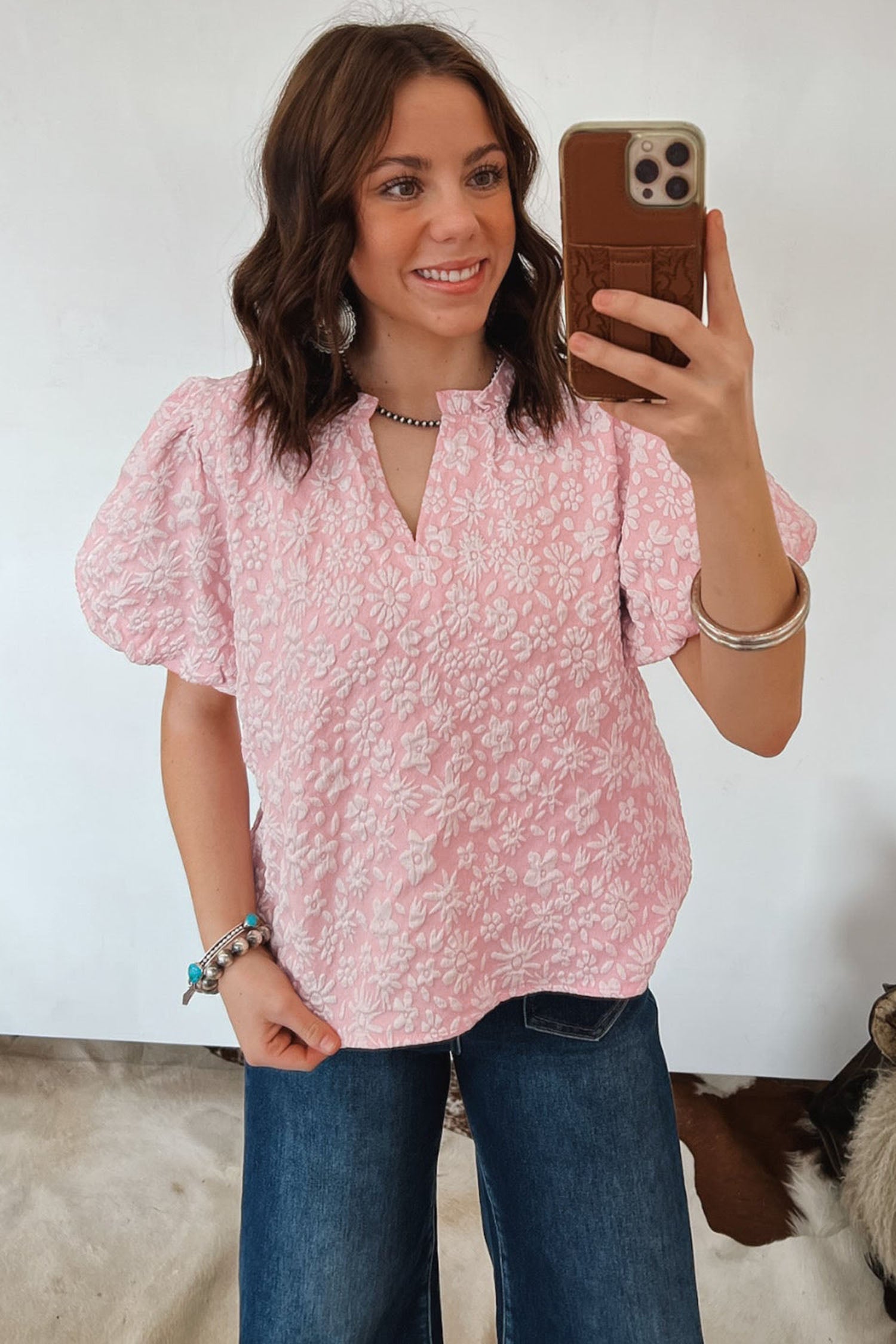 Iceland Blue Floral Textured Jacquard Puff Sleeve Blouse-Tops/Blouses & Shirts-[Adult]-[Female]-2022 Online Blue Zone Planet