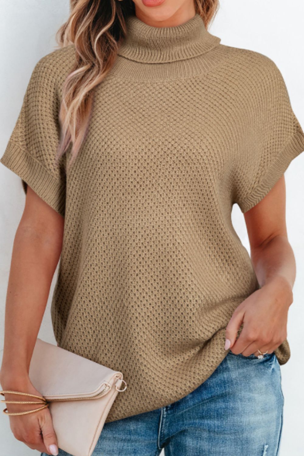 Blue Zone Planet | Solid Color Turtleneck Short Sleeve Sweater-TOPS / DRESSES-[Adult]-[Female]-Khaki-S-2022 Online Blue Zone Planet