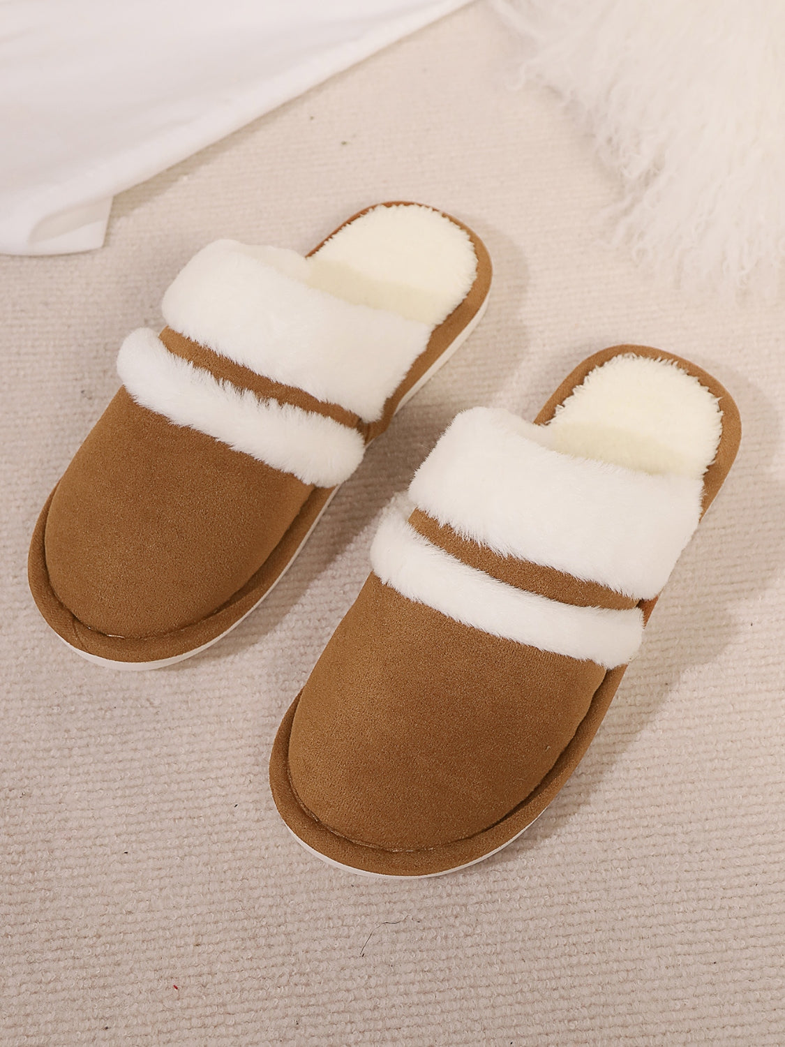 Contrast Faux Fur Round Toe Slippers-SHOES-[Adult]-[Female]-2022 Online Blue Zone Planet