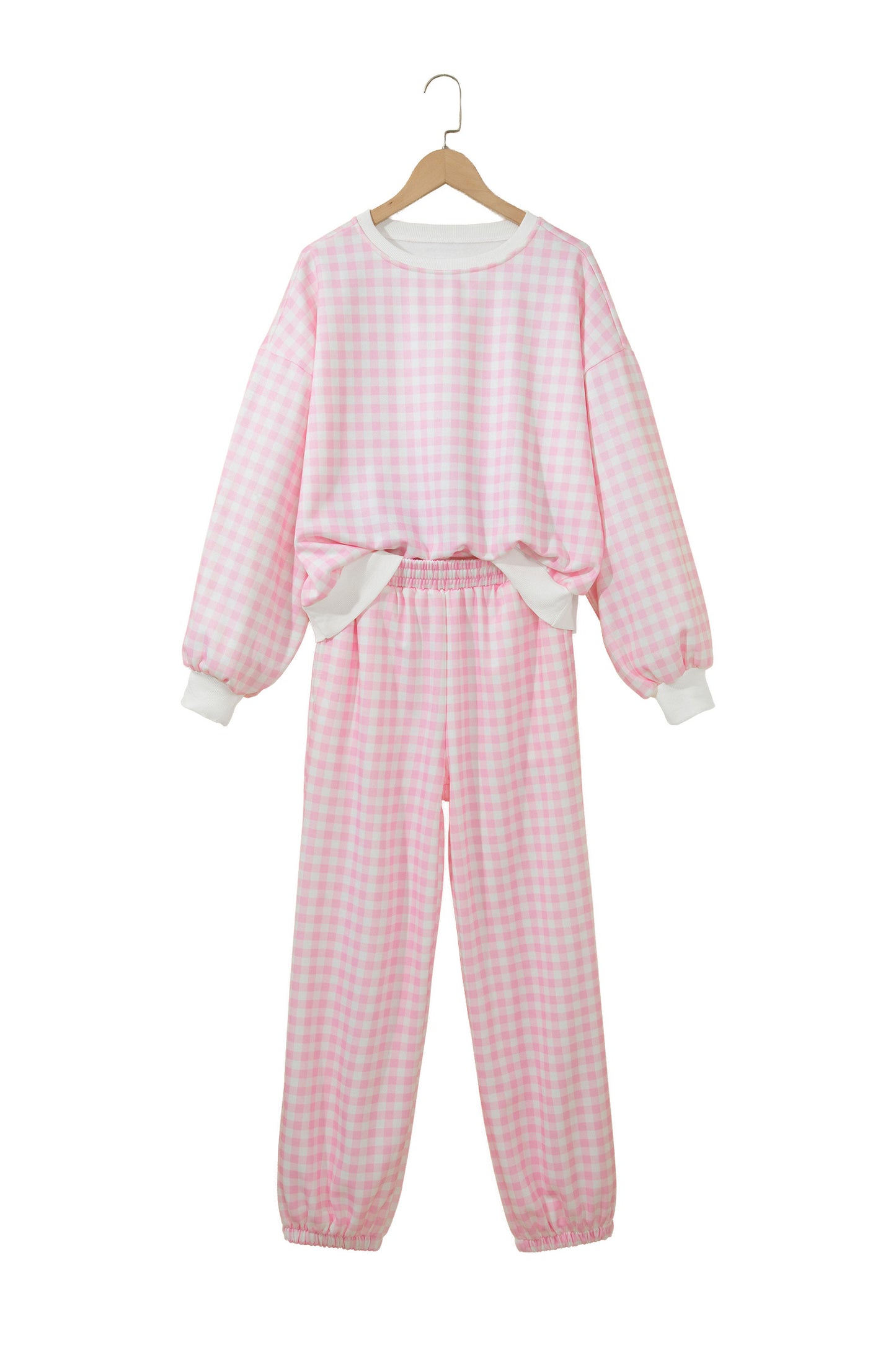 Pink Plaid Long Sleeve Two Piece Pant Set-Two Piece Sets/Pant Sets-[Adult]-[Female]-2022 Online Blue Zone Planet