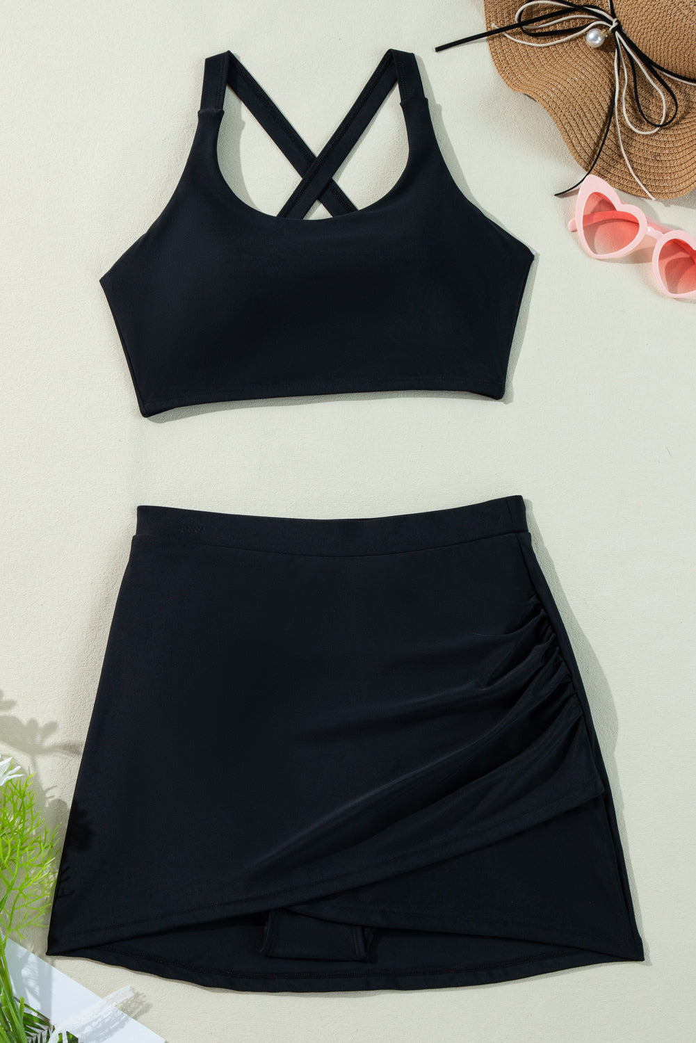 Black Plain Crossover Bikini Tank and Skort Swimwear-Bikini Sets-[Adult]-[Female]-2022 Online Blue Zone Planet