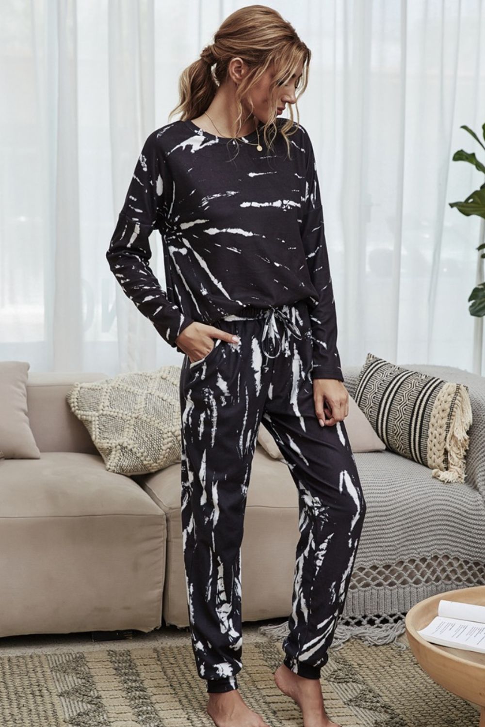 Shiny Tie-Dye Round Neck Top and Drawstring Waist Joggers Lounge Set-TOPS / DRESSES-[Adult]-[Female]-Black-S-2022 Online Blue Zone Planet