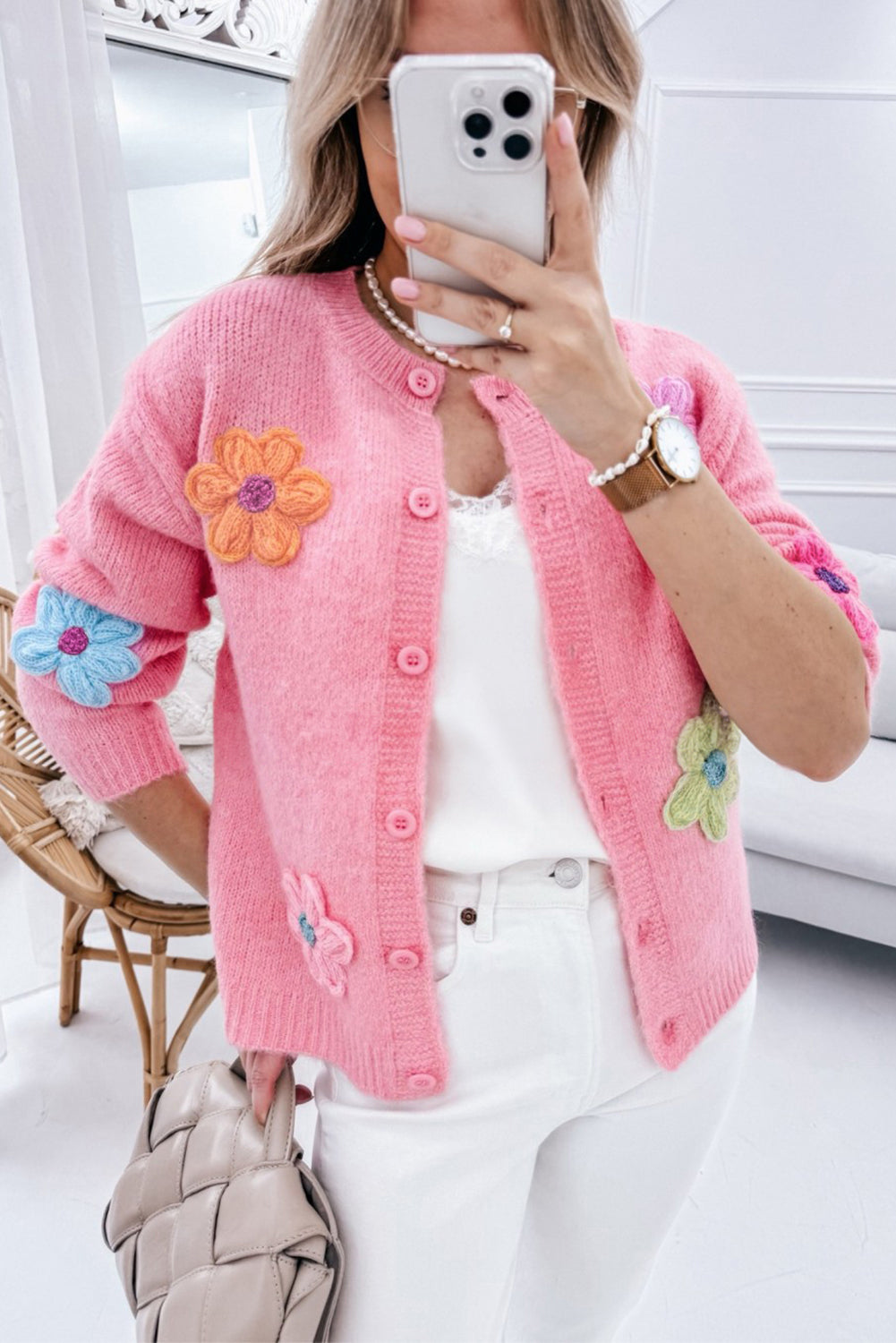 Pink Cute Knitted Floral Pattern Button Up Cardigan-Sweaters & Cardigans/Cardigans-[Adult]-[Female]-2022 Online Blue Zone Planet