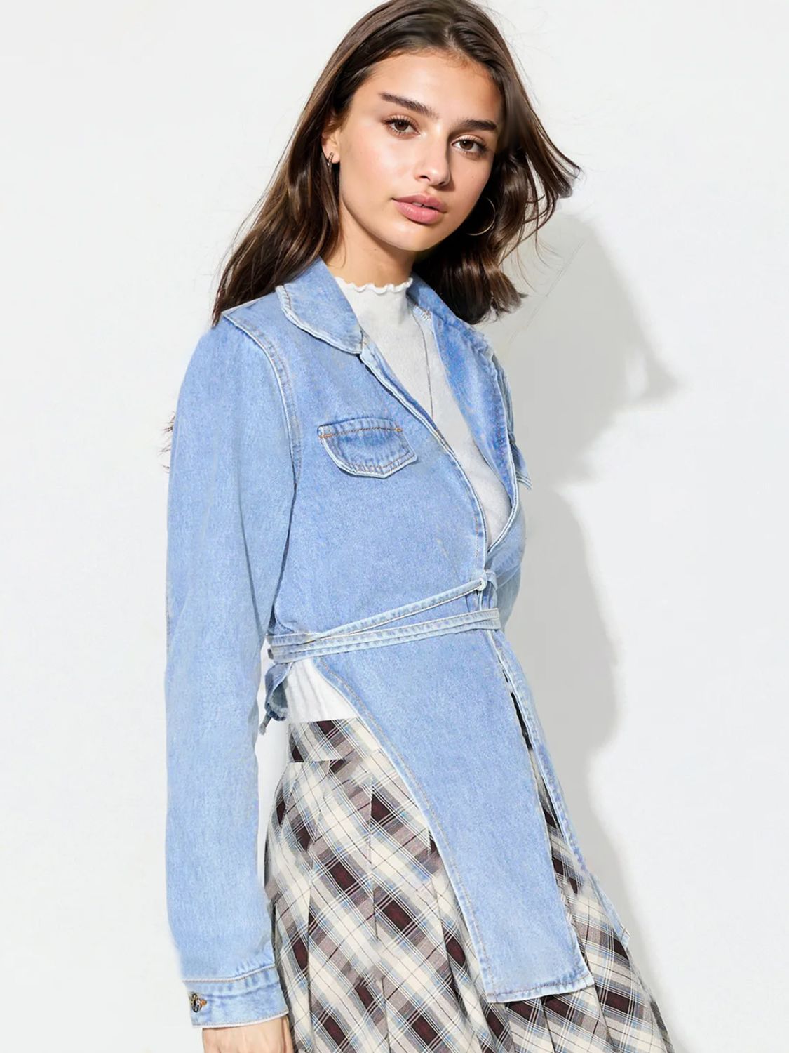 Asymmetric Slit Collared Neck Long Denim Top-TOPS / DRESSES-[Adult]-[Female]-2022 Online Blue Zone Planet