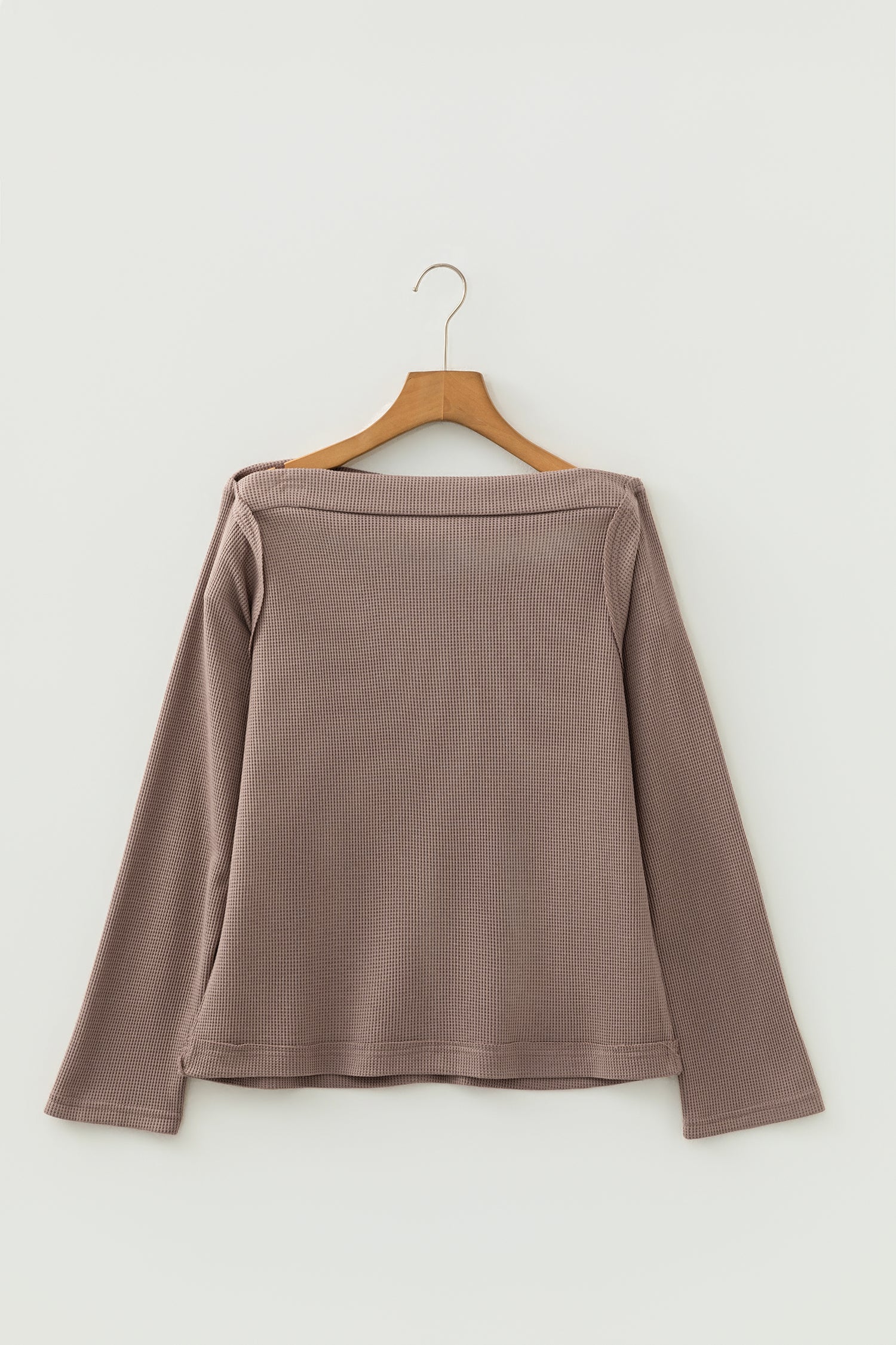 Old Rose Solid Color Waffle Knit Asymmetric Neck Long Sleeve Top-Tops/Long Sleeve Tops-[Adult]-[Female]-2022 Online Blue Zone Planet