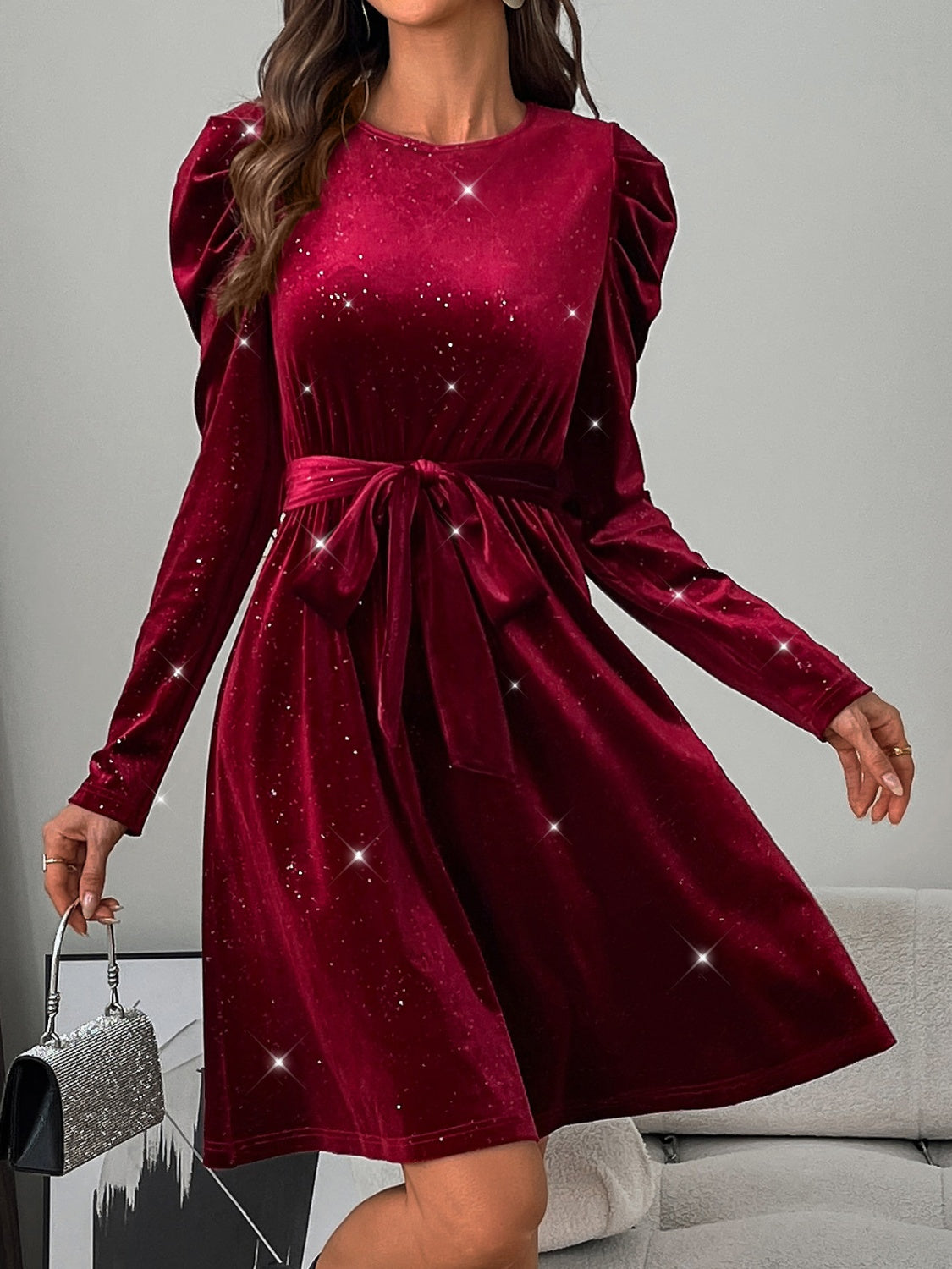 Blue Zone Planet | Glitter Round Neck Puff Sleeve Dress-TOPS / DRESSES-[Adult]-[Female]-2022 Online Blue Zone Planet