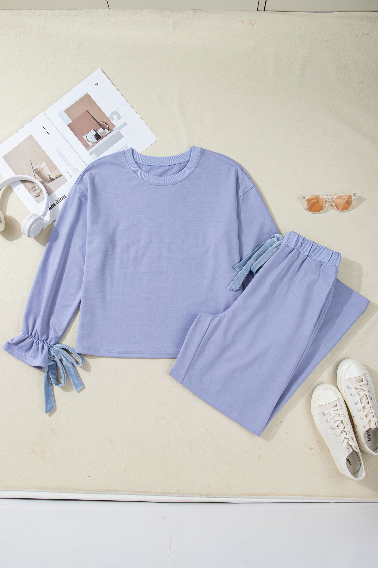 Beau Blue Flounce Long Sleeve Top Drawstring Pants Contrast Velvet Bow Knot 2pcs Lounge Set-Loungewear & Sleepwear/Loungewear-[Adult]-[Female]-2022 Online Blue Zone Planet