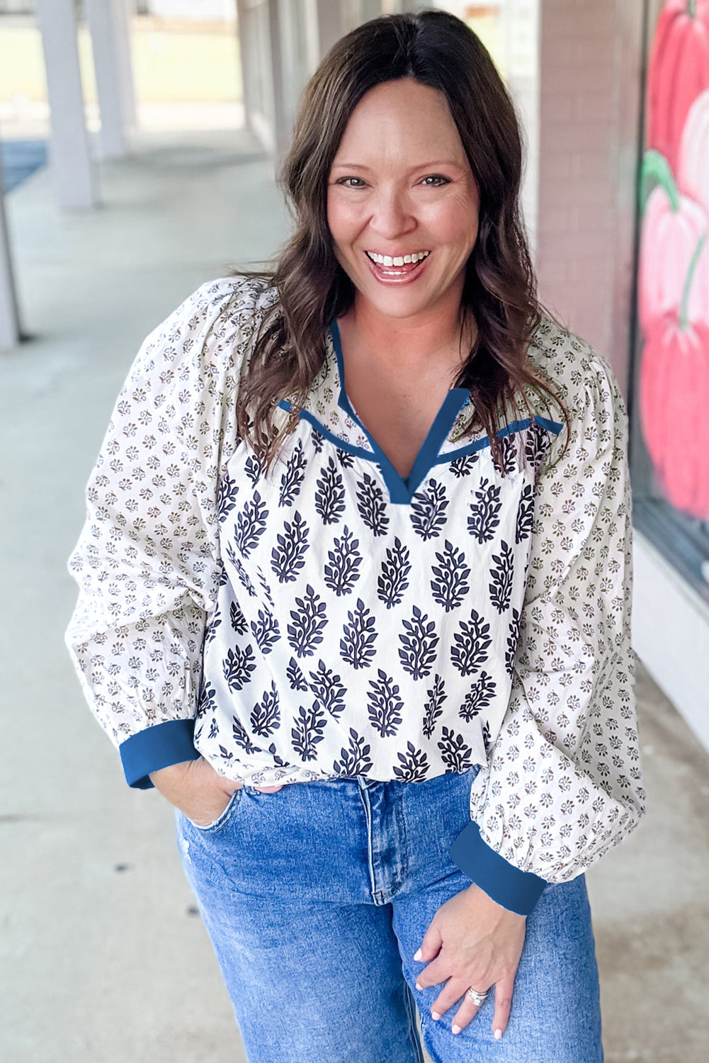 White Plus Size Boho Floral Print Contrast Trim Split Neck Puff Sleeve Patchwork Blouse-Plus Size/Plus Size Tops/Plus Size Blouses & Shirts-[Adult]-[Female]-2022 Online Blue Zone Planet