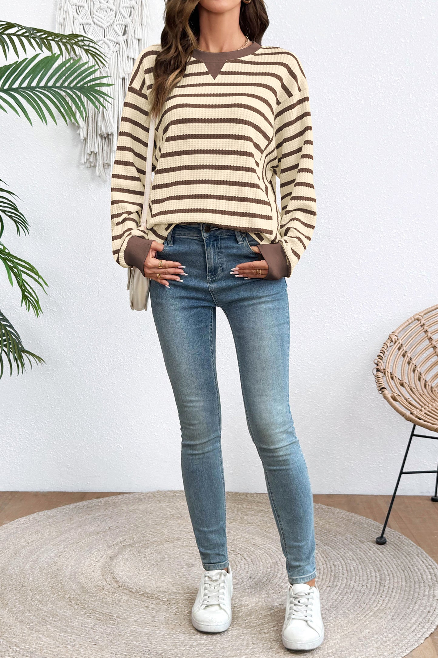 Brown Stripe Patchwork Ribbed Cuff Casual Pullover Sweatshirt-Tops/Sweatshirts & Hoodies-[Adult]-[Female]-2022 Online Blue Zone Planet