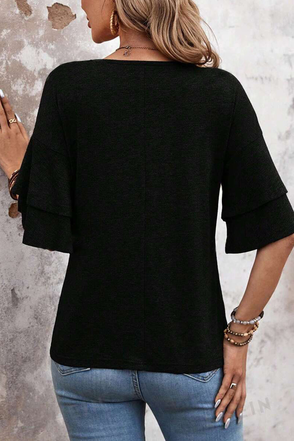Black Solid Colour V-Neck Double Layer Sleeve Loose T-Shirt-Tops/Tops & Tees-[Adult]-[Female]-2022 Online Blue Zone Planet