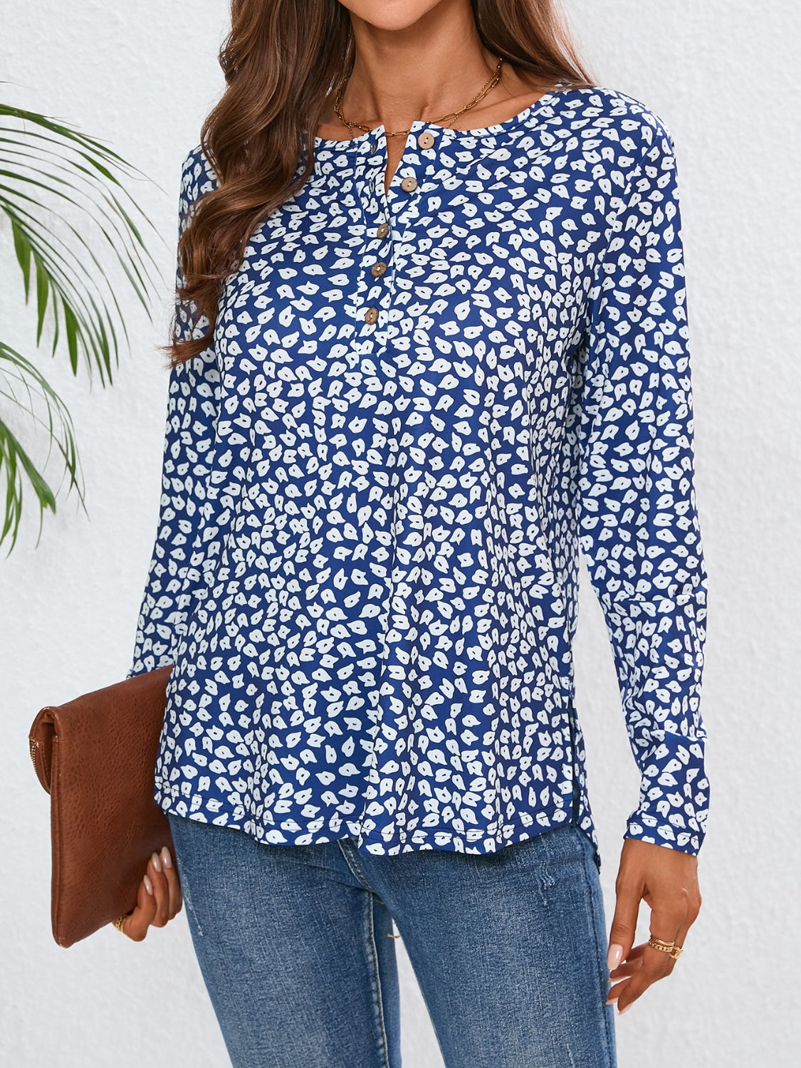 Quarter Button Printed Round Neck Long Sleeve Top-TOPS / DRESSES-[Adult]-[Female]-2022 Online Blue Zone Planet