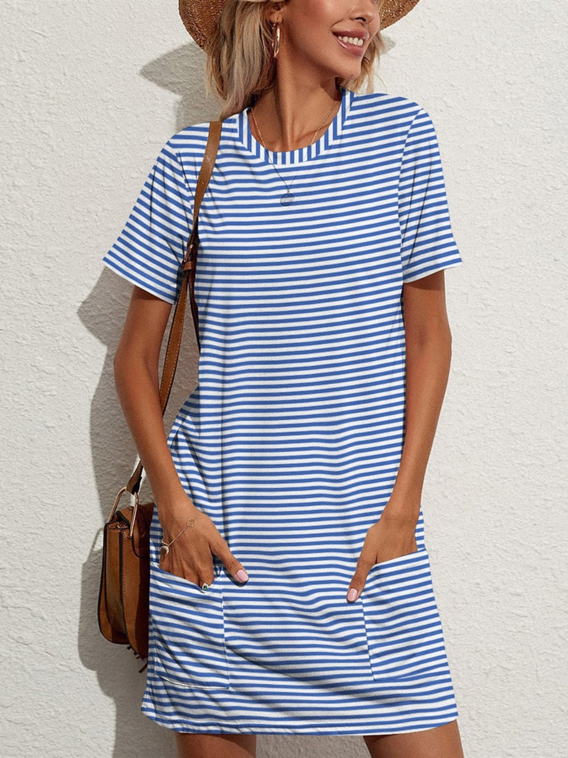 Blue Zone Planet |  Pocketed Striped Round Neck Short Sleeve Dress BLUE ZONE PLANET