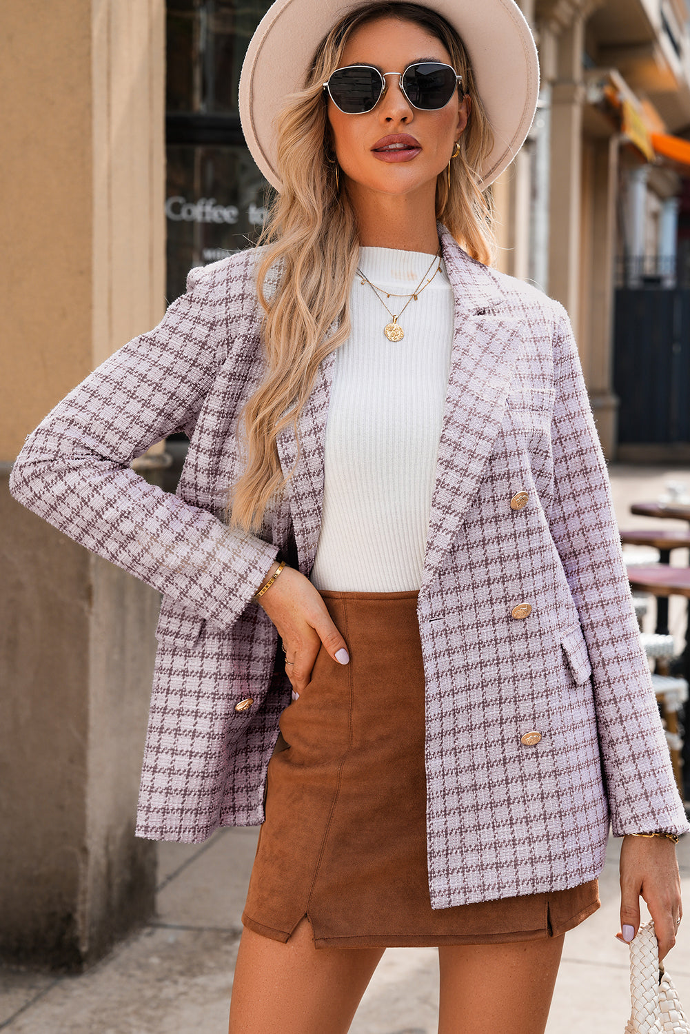 Burgundy Elegant Tweed Plaid Blazer-Outerwear/Blazers-[Adult]-[Female]-2022 Online Blue Zone Planet