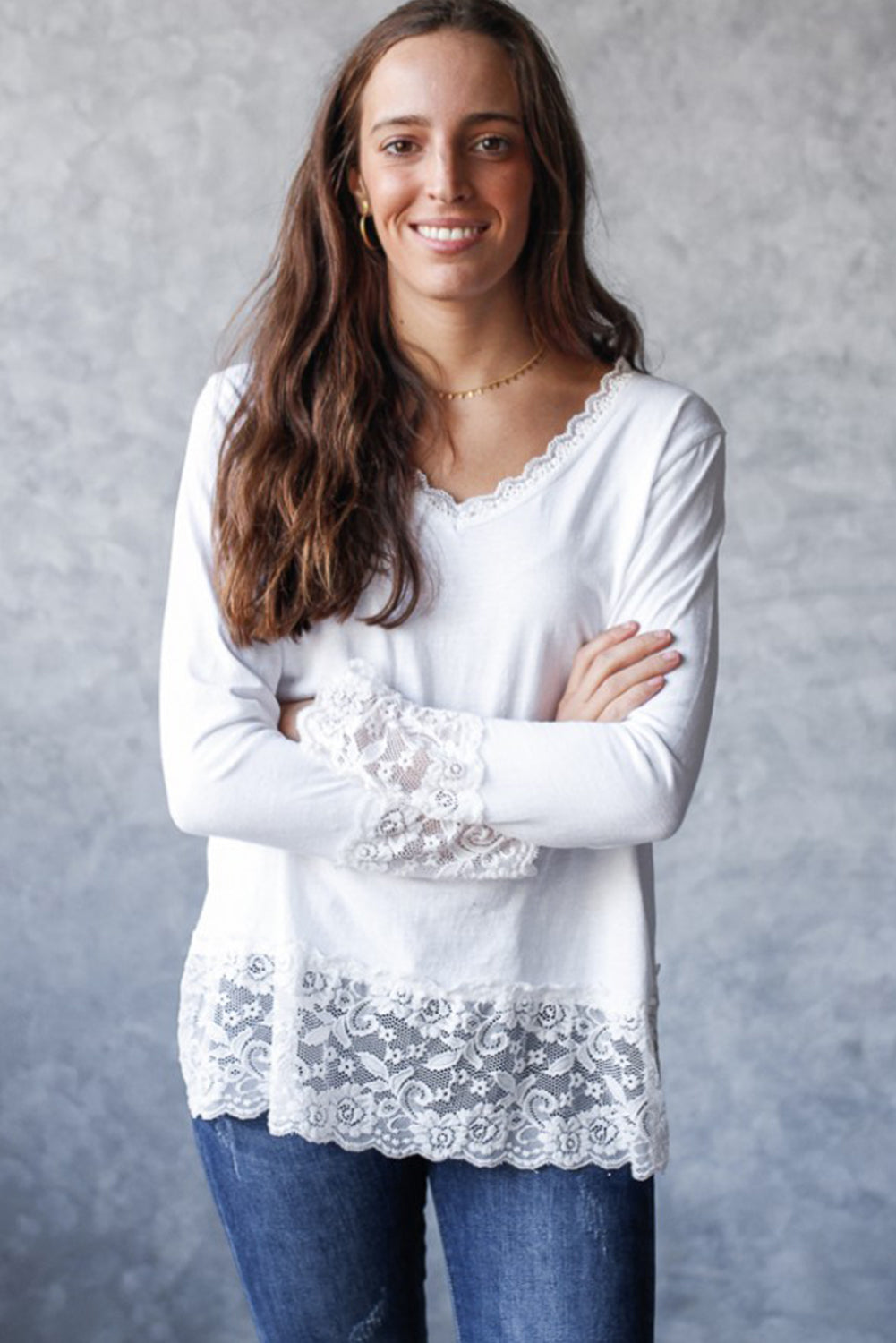 White Lace Trim V Neck Cuffed Long Sleeve Loose Top-Tops/Long Sleeve Tops-[Adult]-[Female]-2022 Online Blue Zone Planet