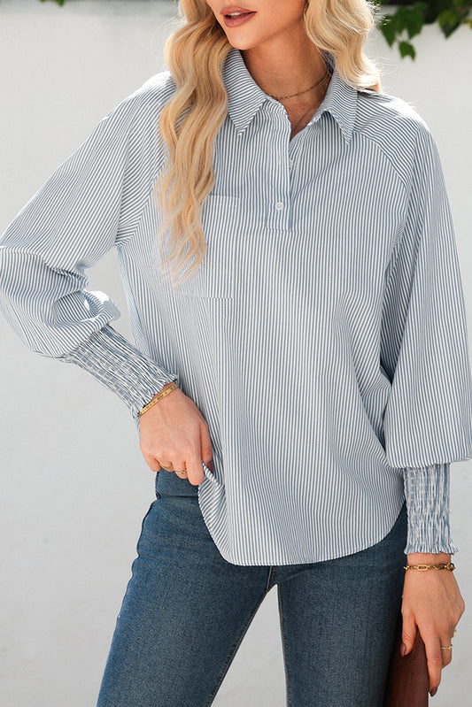 Gray Pinstripe Long Sleeve Smocked Cuffs Button Shirt Collar Blouse-Tops/Blouses & Shirts-[Adult]-[Female]-Gray-S-2022 Online Blue Zone Planet