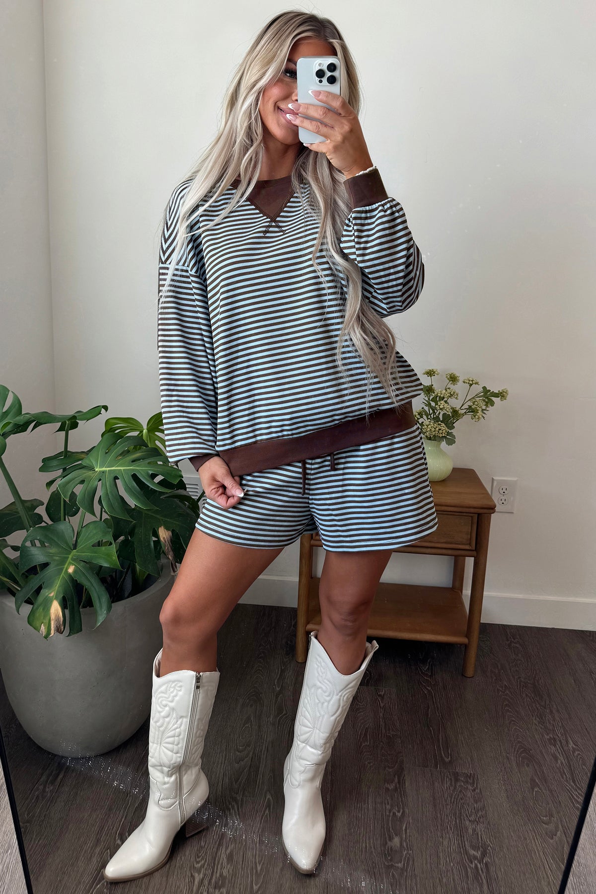 Brown Stripe Oversized Long Sleeve Top Drawstring Loose Shorts 2pcs Set-Two Piece Sets/Short Sets-[Adult]-[Female]-2022 Online Blue Zone Planet