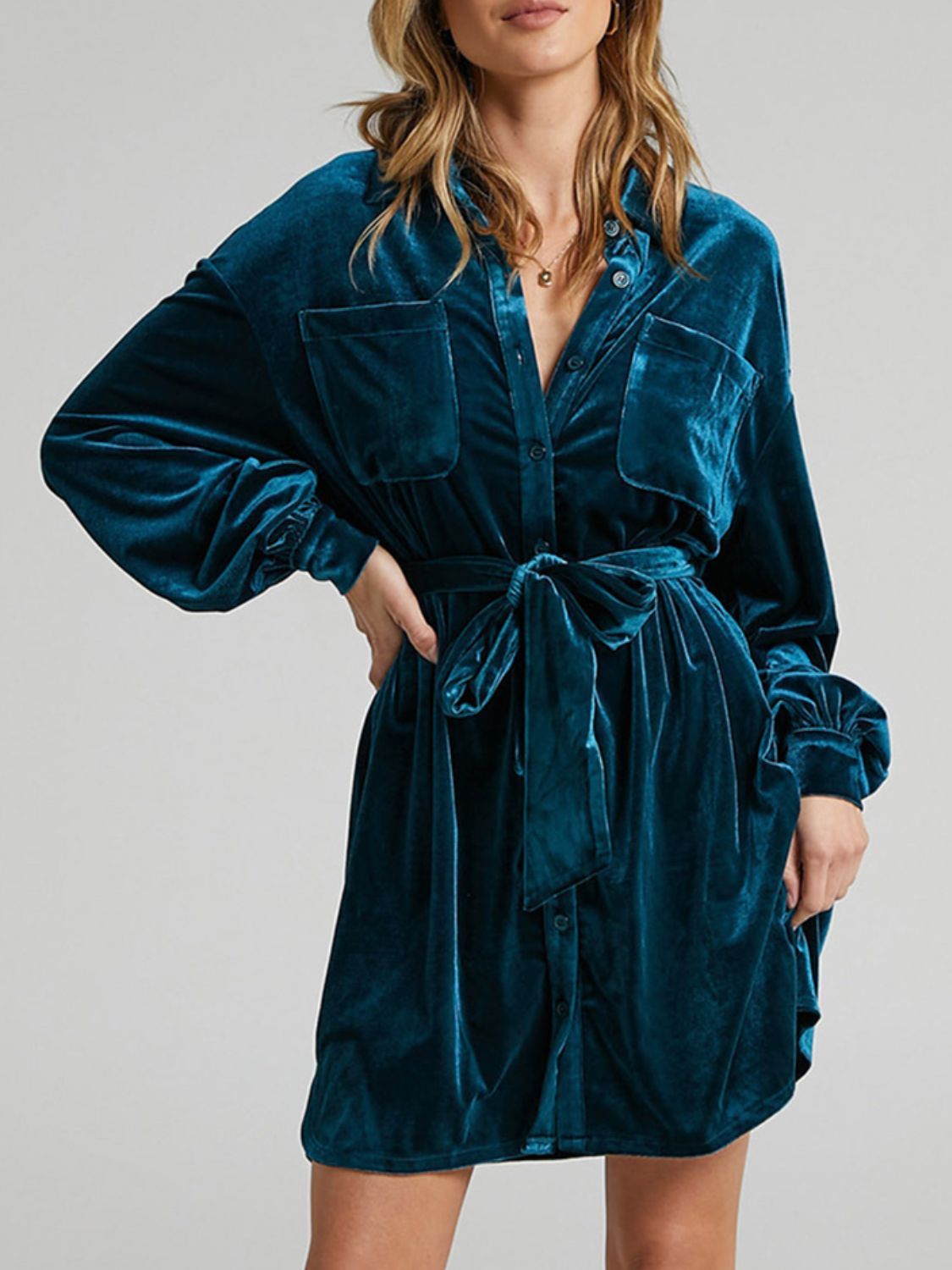 Collared Neck Button Down Long Sleeve Mini Dress-TOPS / DRESSES-[Adult]-[Female]-2022 Online Blue Zone Planet