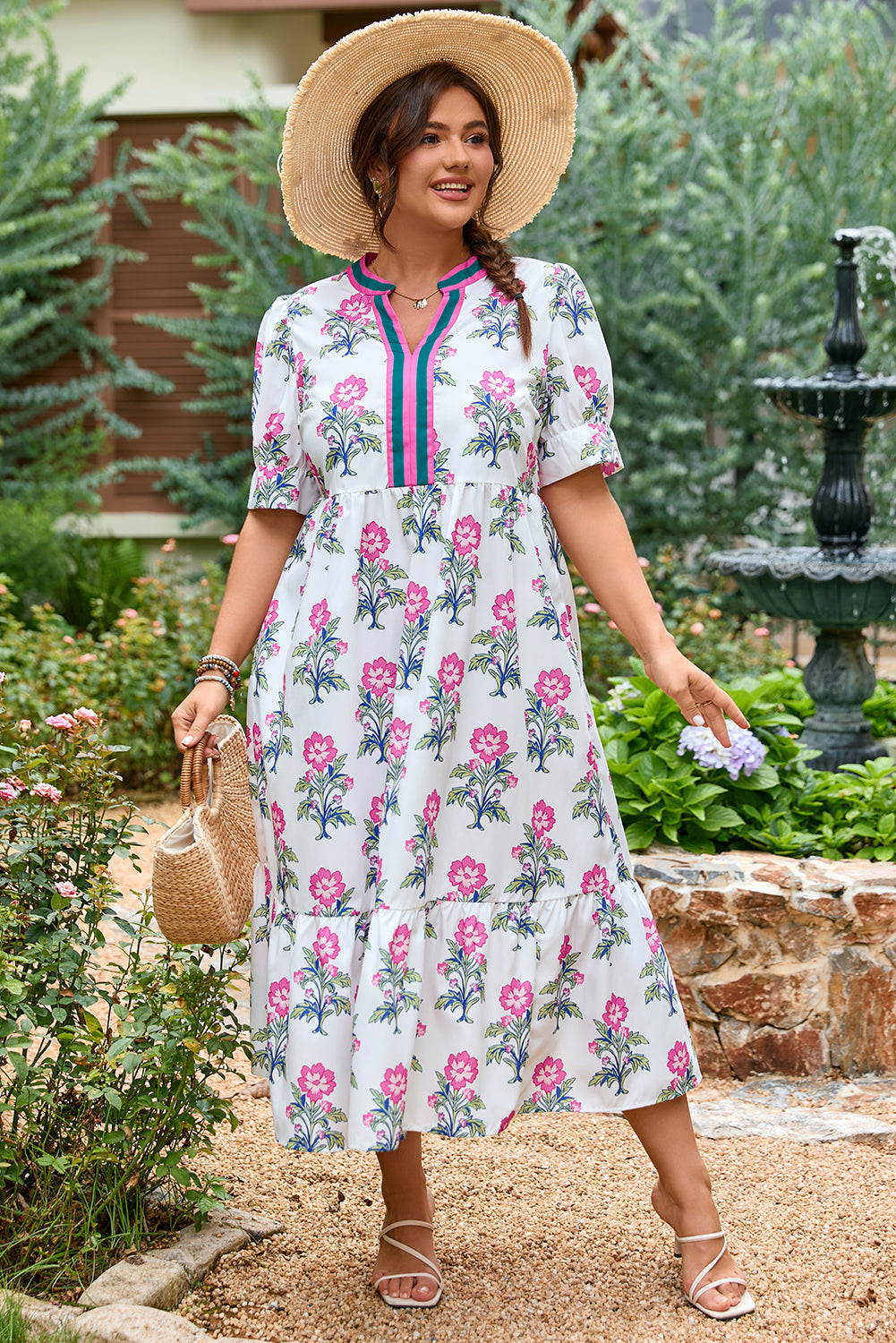 White Allover Print Contrast Split Neckline Short Puff Sleeve Curvy Dress-TOPS / DRESSES-[Adult]-[Female]-2022 Online Blue Zone Planet