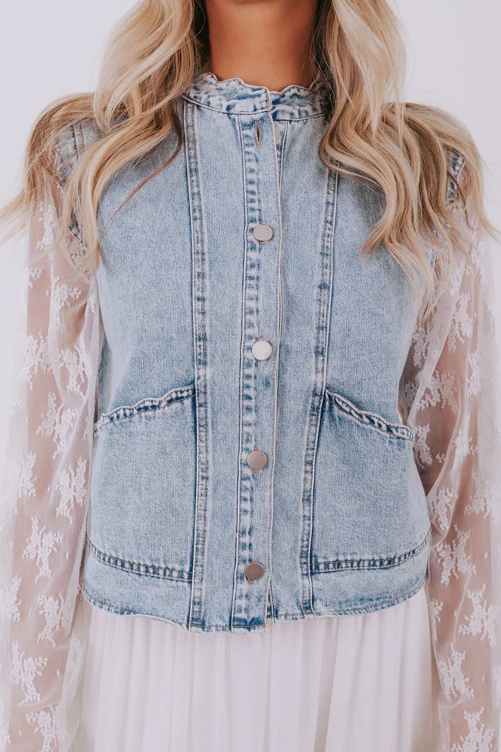 Beau Blue Scalloped Trim Patch Pocket Button Front Denim Vest-Outerwear/Vests-[Adult]-[Female]-2022 Online Blue Zone Planet