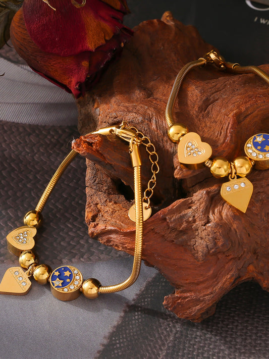 Stainless Steel Rhinestone Charm Bracelet-BRACELETS-[Adult]-[Female]-Gold-One Size-2022 Online Blue Zone Planet