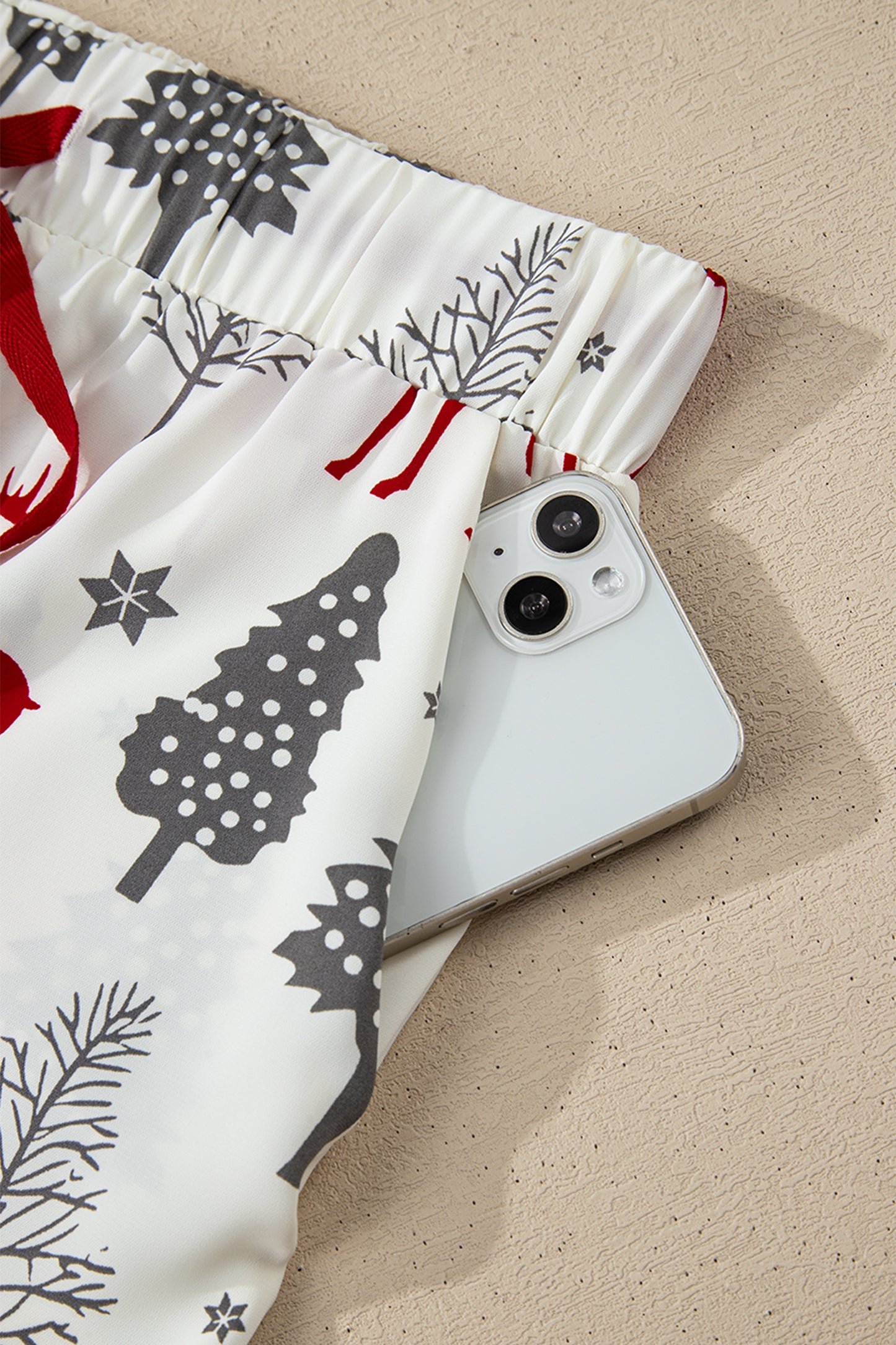 White Christmas Fashion Print Velvet Trim Bow Knot Pajama 2pcs Short Set-Loungewear & Sleepwear/Sleepwear-[Adult]-[Female]-2022 Online Blue Zone Planet