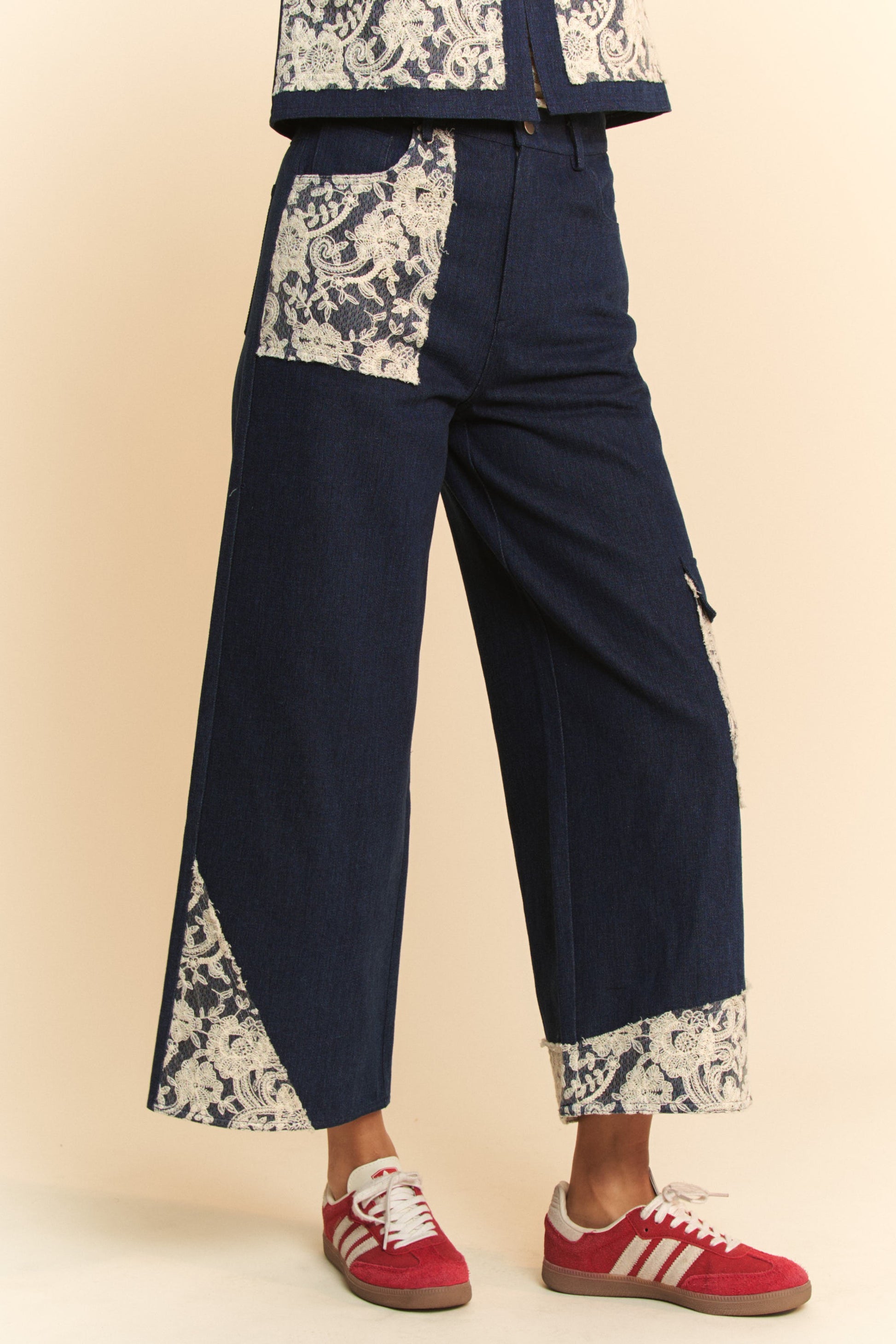 Davi & Dani Lace Applique Wide Leg Jeans-BOTTOMS-[Adult]-[Female]-2022 Online Blue Zone Planet