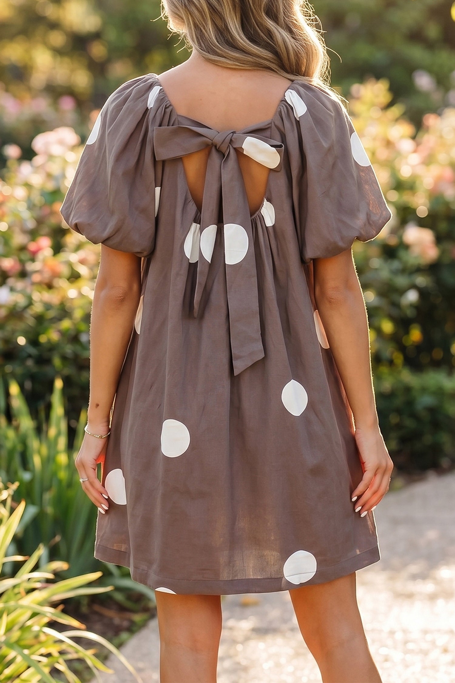 Brown Polka Dot Print Knot Back Short Puff Sleeve Loose Mini Dress-TOPS / DRESSES-[Adult]-[Female]-2022 Online Blue Zone Planet