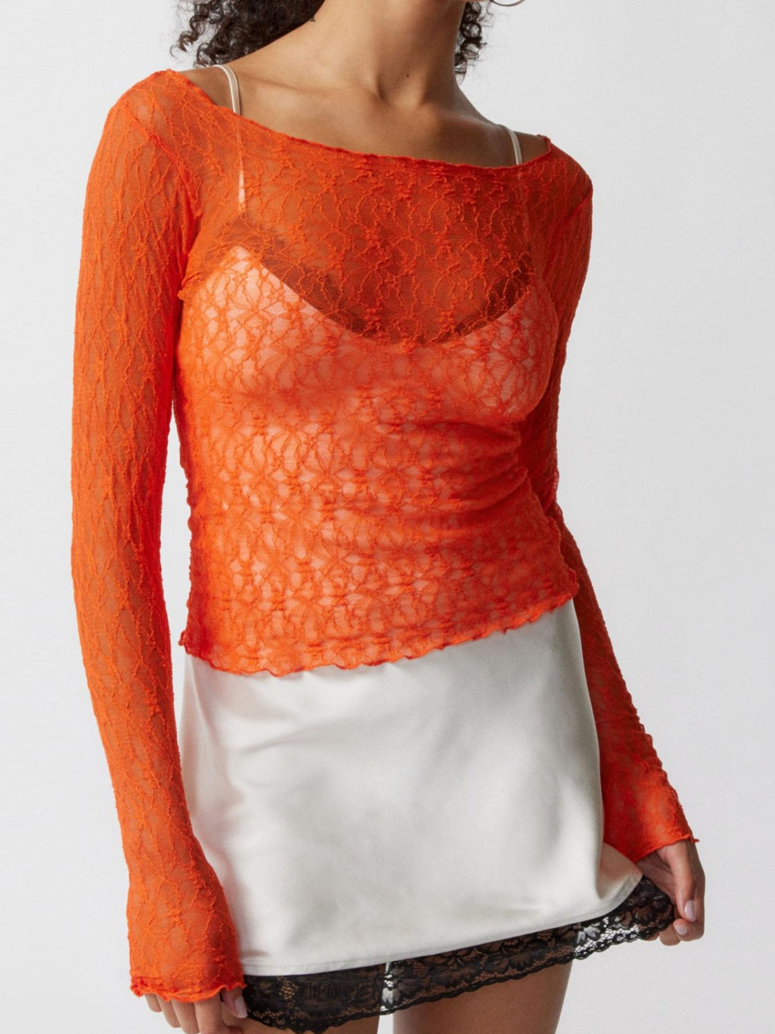 Blue Zone Planet | Lace Boat Neck Long Sleeve Blouse-TOPS / DRESSES-[Adult]-[Female]-Orange-S-2022 Online Blue Zone Planet