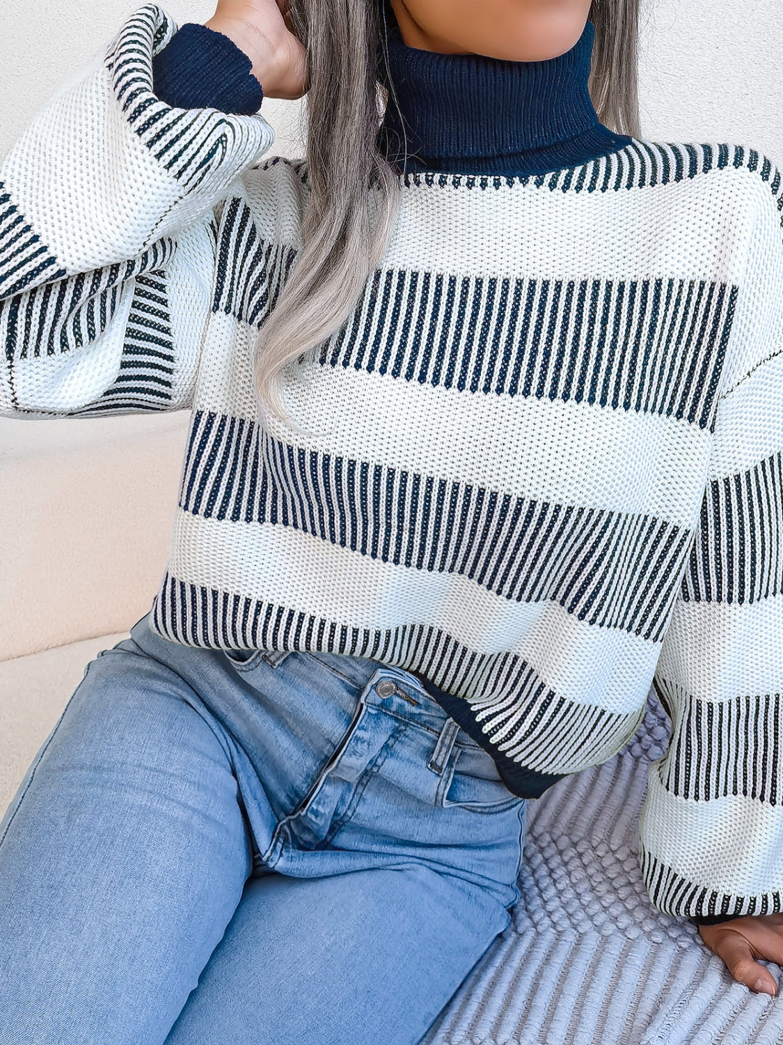 Striped Turtleneck Long Sleeve Sweater-TOPS / DRESSES-[Adult]-[Female]-2022 Online Blue Zone Planet