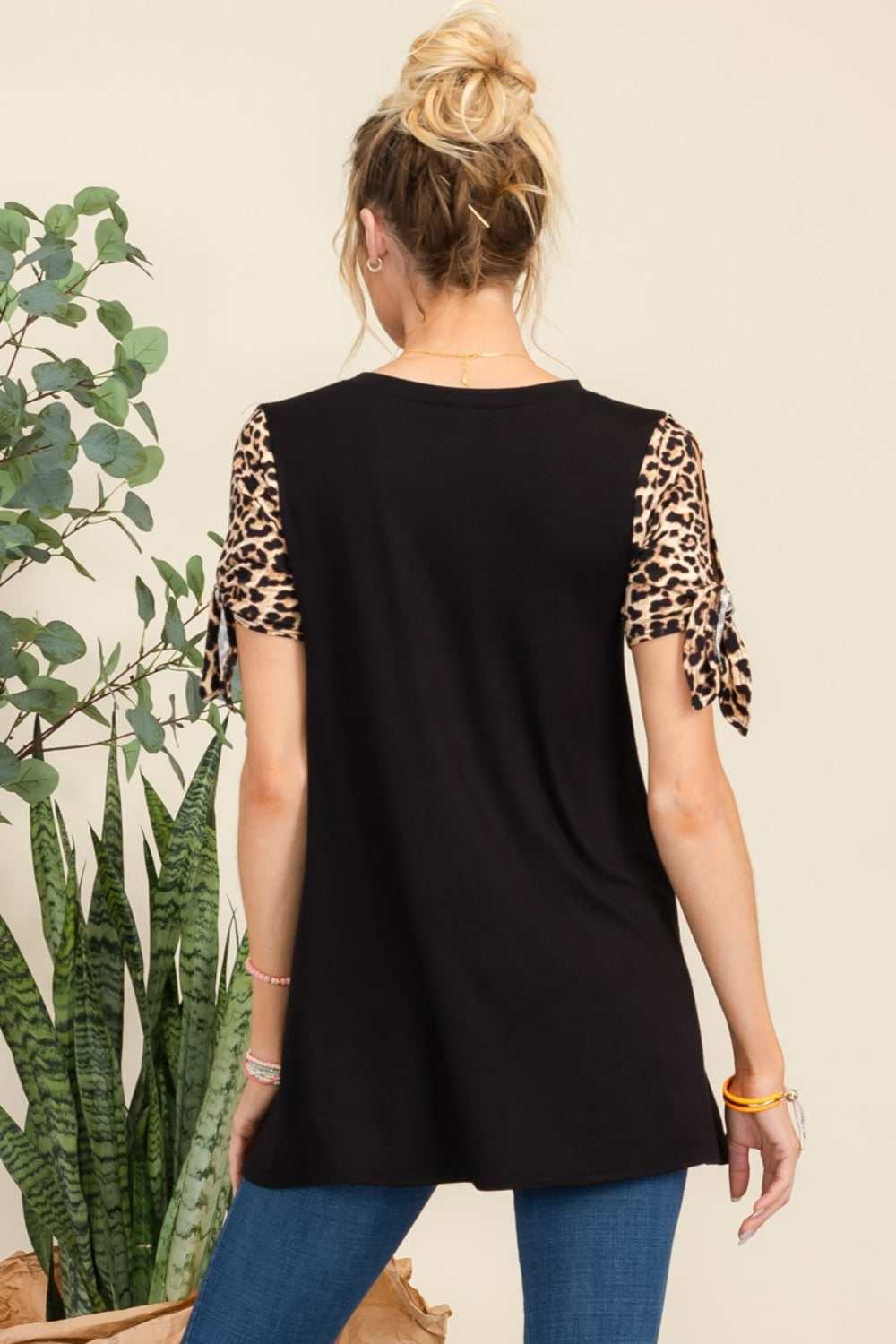 Celeste Full Size Open Tie Sleeve Leopard Color Blocked Top-TOPS / DRESSES-[Adult]-[Female]-2022 Online Blue Zone Planet