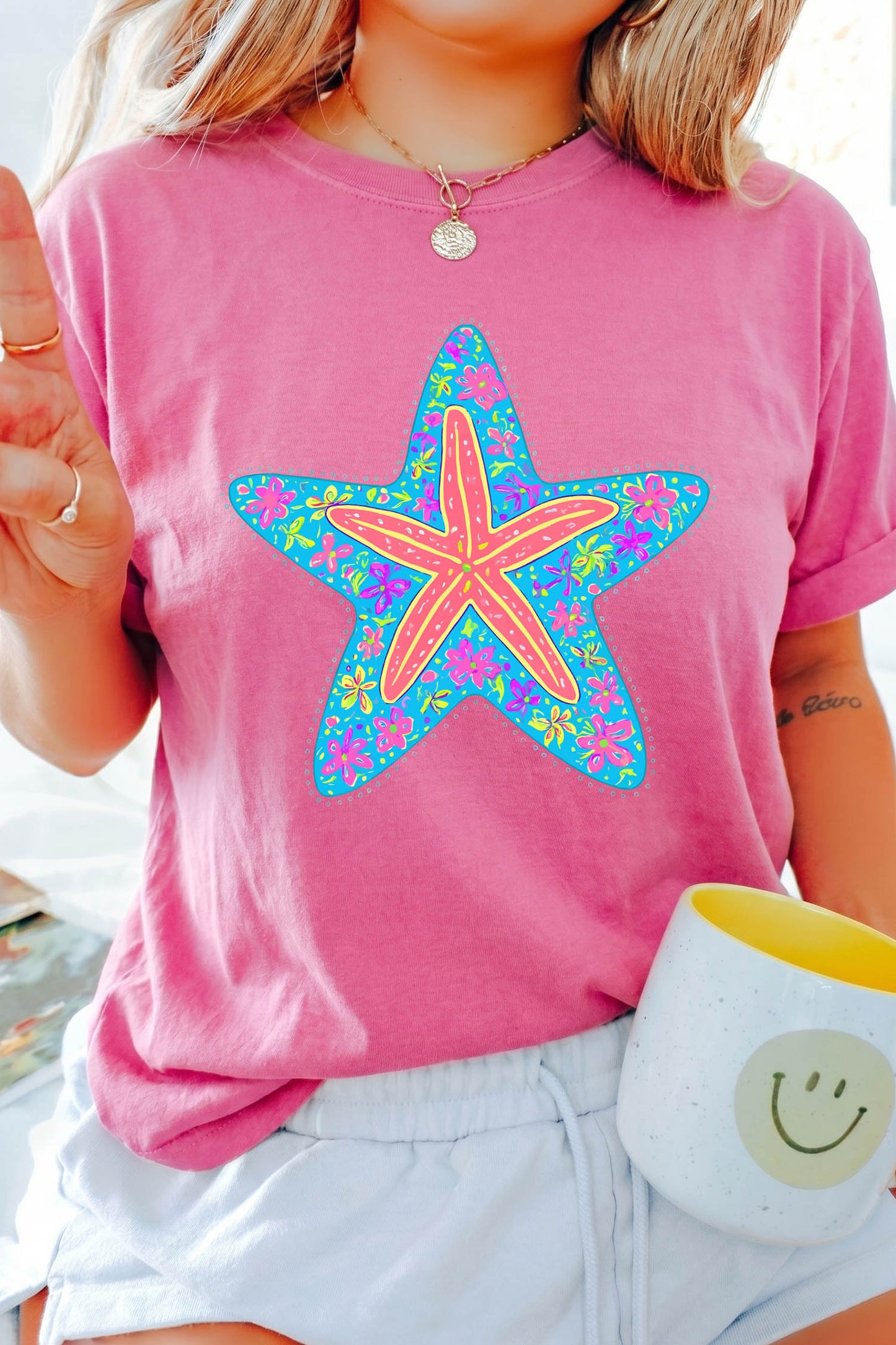 Sachet Pink Floral Starfish Printed Casual Round Neck Tee
