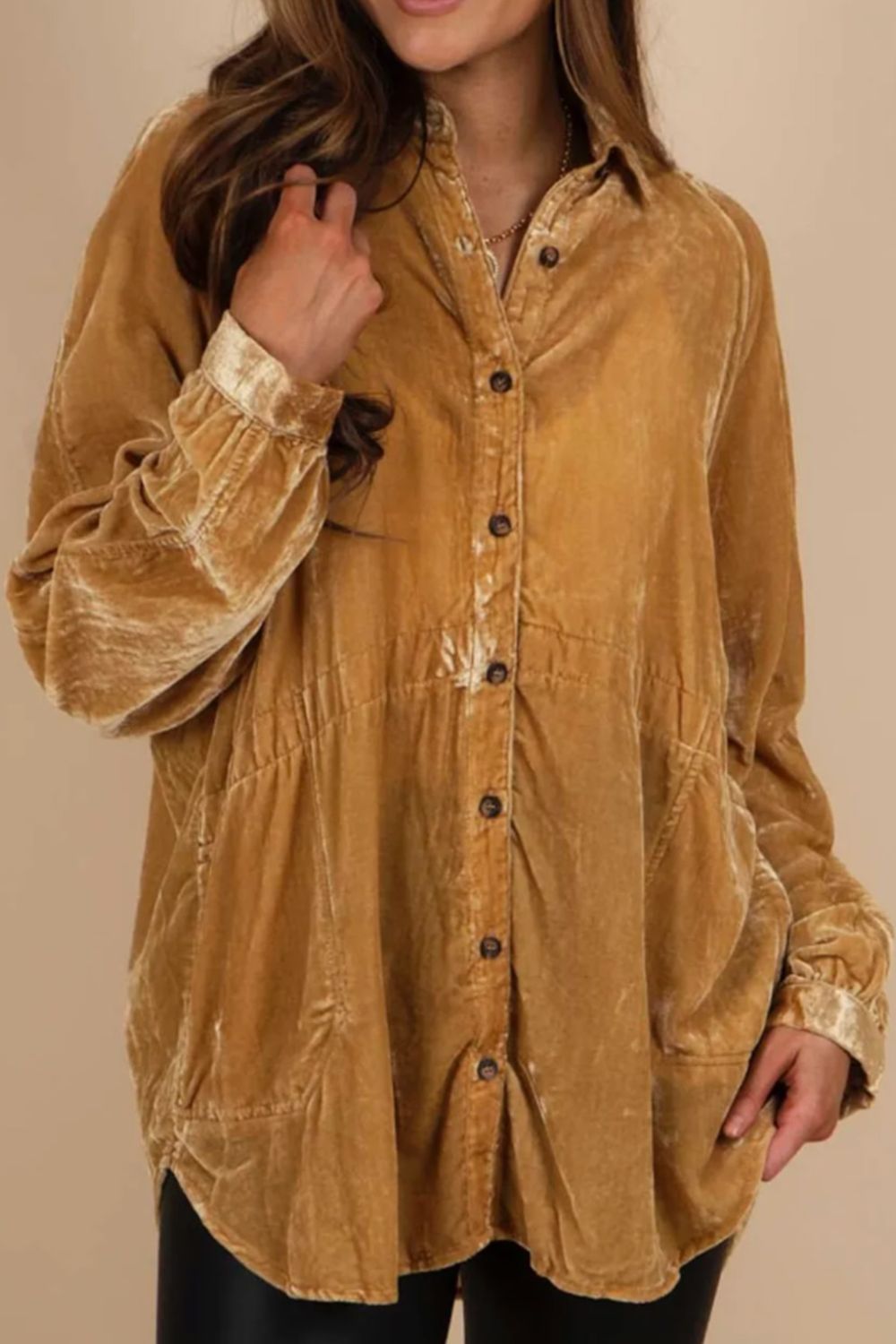 Button Down Loose Fit Velvet Shirt-TOPS / DRESSES-[Adult]-[Female]-Caramel-S-2022 Online Blue Zone Planet