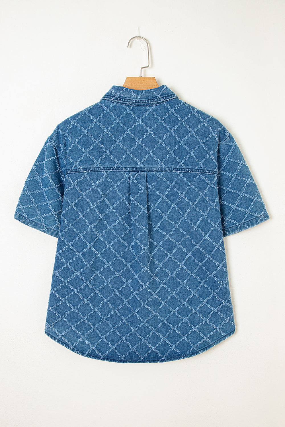 Dusk Blue Checkered Textured Short Sleeve Patched Pocket Denim Shirt-Tops/Blouses & Shirts-[Adult]-[Female]-2022 Online Blue Zone Planet