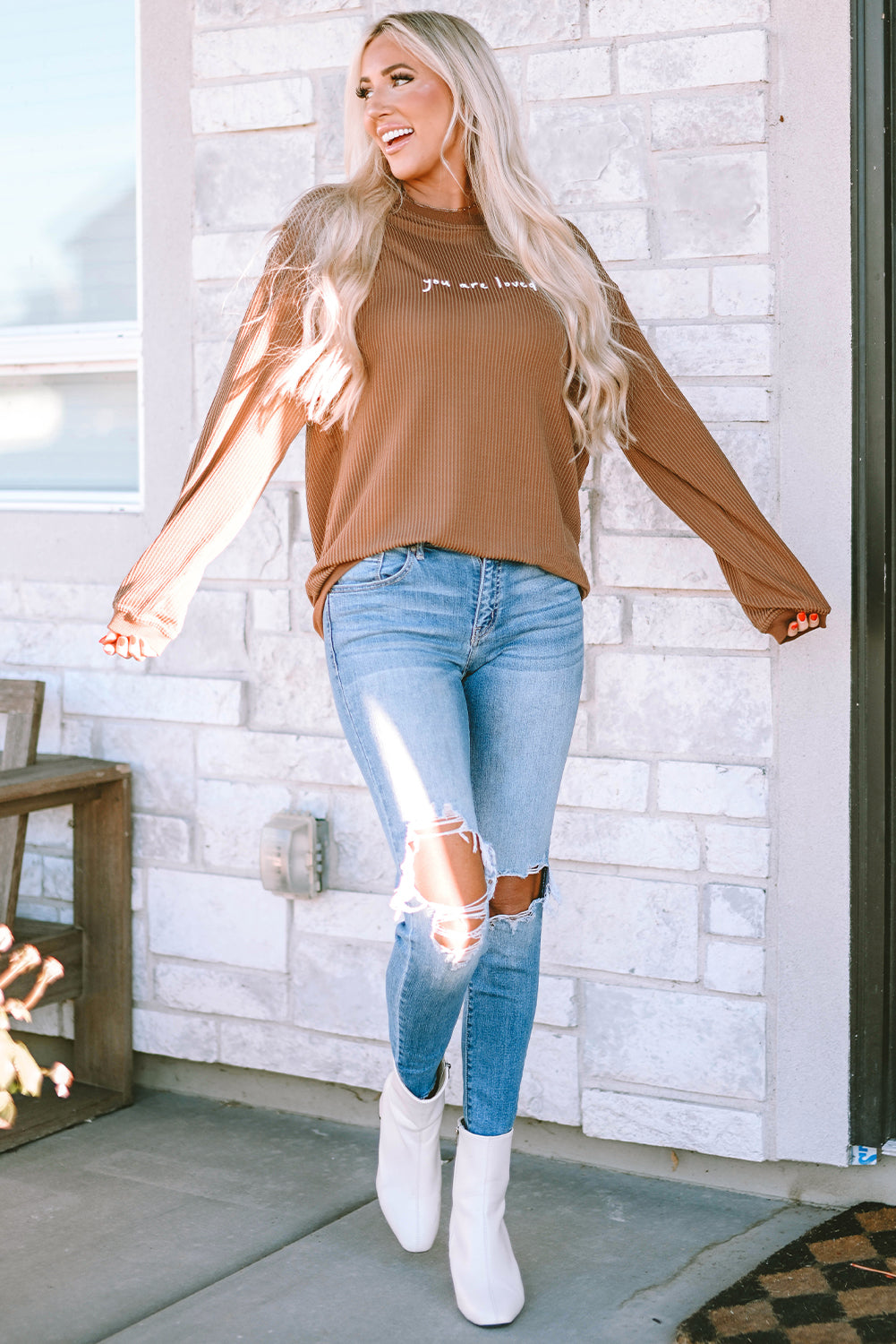 Khaki You Are Loved Print Corduroy Sweatshirt-Sale (50% OFF)/30% OFF-[Adult]-[Female]-2022 Online Blue Zone Planet