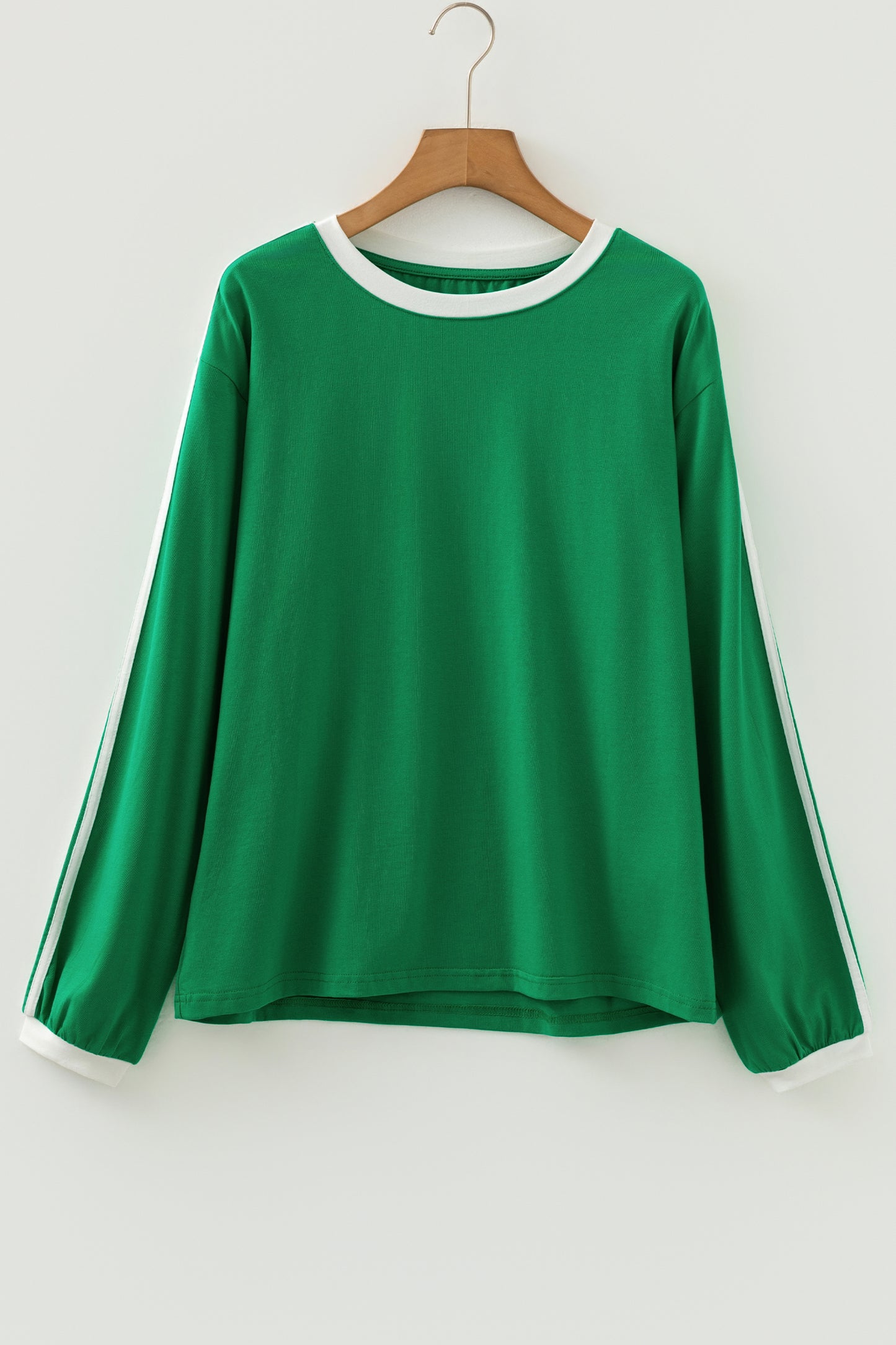 Bright Green Varsity Striped Accent Contrast Crew Neck Long Sleeve T Shirt-Tops/Long Sleeve Tops-[Adult]-[Female]-2022 Online Blue Zone Planet