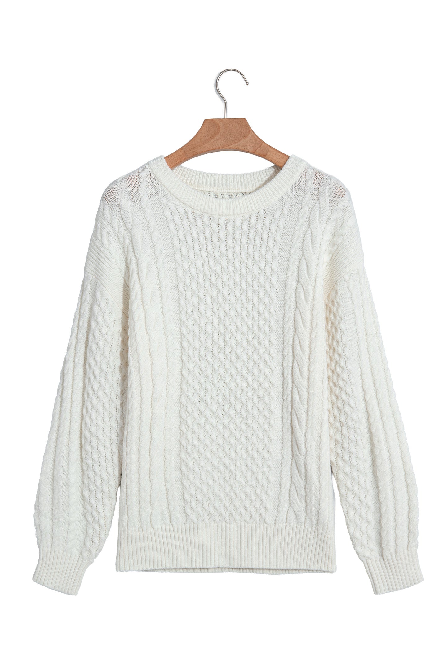 Beige Solid Color Cable Detail Knit Loose Round Neck Sweater-TOPS / DRESSES-[Adult]-[Female]-2022 Online Blue Zone Planet