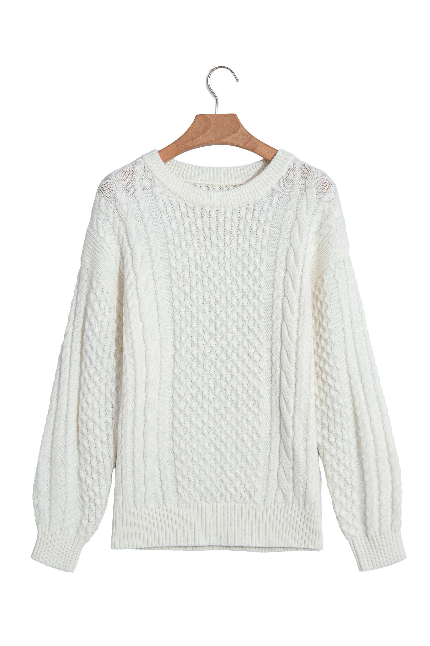 Beige Solid Color Cable Detail Knit Loose Round Neck Sweater-TOPS / DRESSES-[Adult]-[Female]-2022 Online Blue Zone Planet