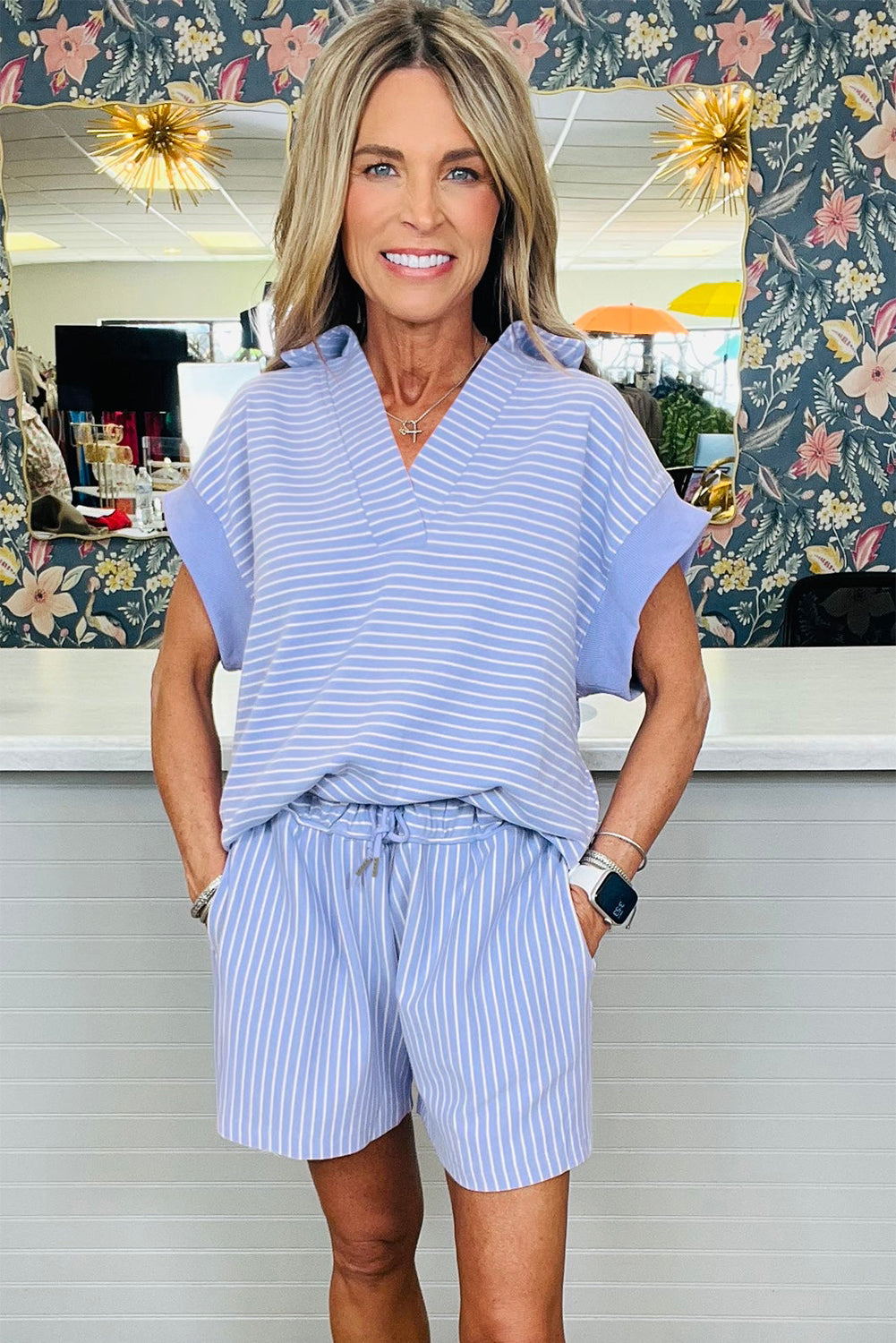 Sky Blue Stripe Dolman Sleeve Polo Shirt and Drawstring Shorts Set-Two Piece Sets/Short Sets-[Adult]-[Female]-2022 Online Blue Zone Planet