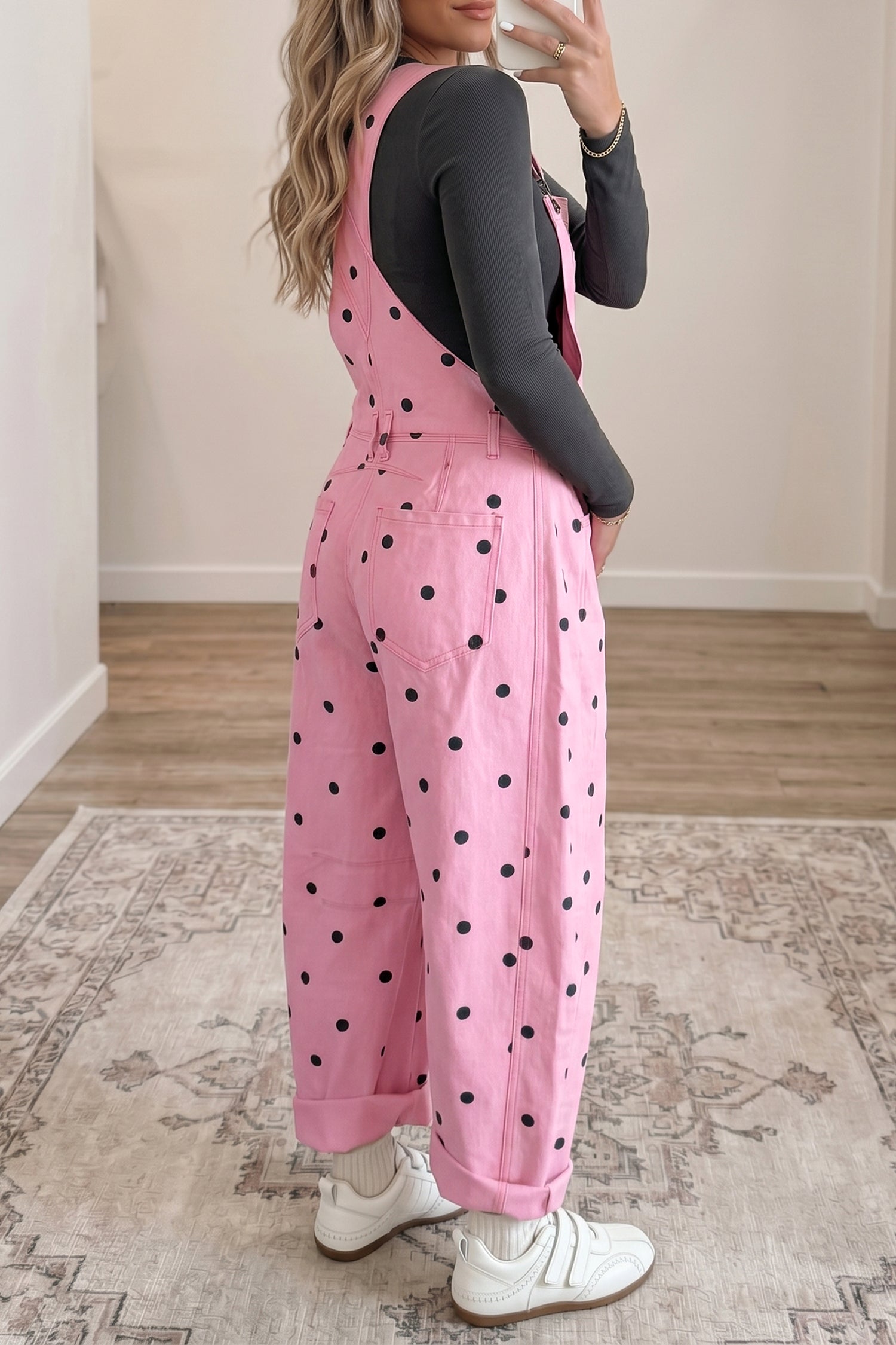 Jet Stream Polka Dot Print Bib Pocket Denim Barrel Overalls Jumpsuit-Bottoms/Jumpsuits & Rompers-[Adult]-[Female]-2022 Online Blue Zone Planet