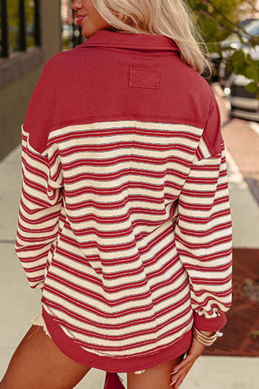 Stripe Johnny Collar Drop Shoulder Sweatshirt-TOPS / DRESSES-[Adult]-[Female]-2022 Online Blue Zone Planet