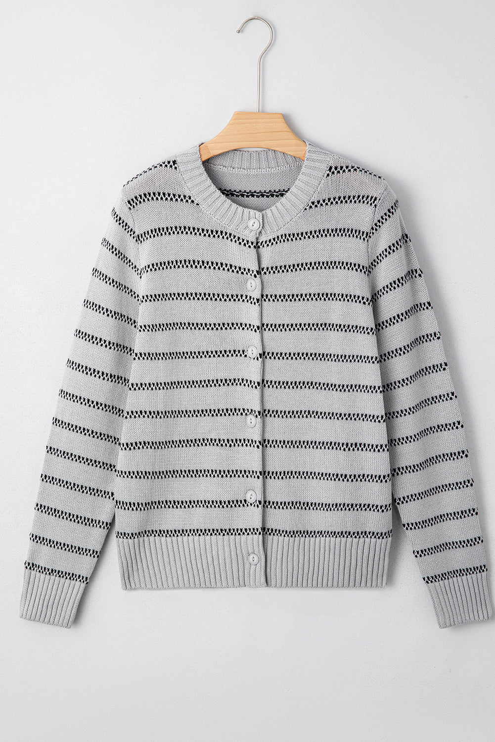 Gray Stripe Button Front Ribbed Trim Short Cardigan-Sweaters & Cardigans/Cardigans-[Adult]-[Female]-2022 Online Blue Zone Planet