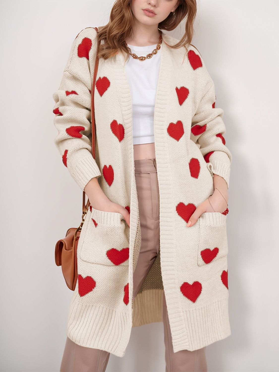 Heart Open Front Long Sleeve Cardigan-TOPS / DRESSES-[Adult]-[Female]-Tan-One Size-2022 Online Blue Zone Planet