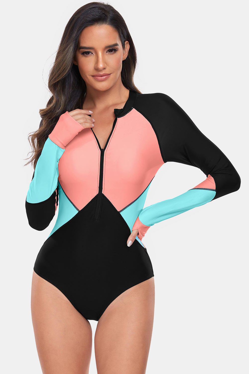 Color Block Half Zip Long Sleeve One-Piece Swimwear-TOPS / DRESSES-[Adult]-[Female]-2022 Online Blue Zone Planet