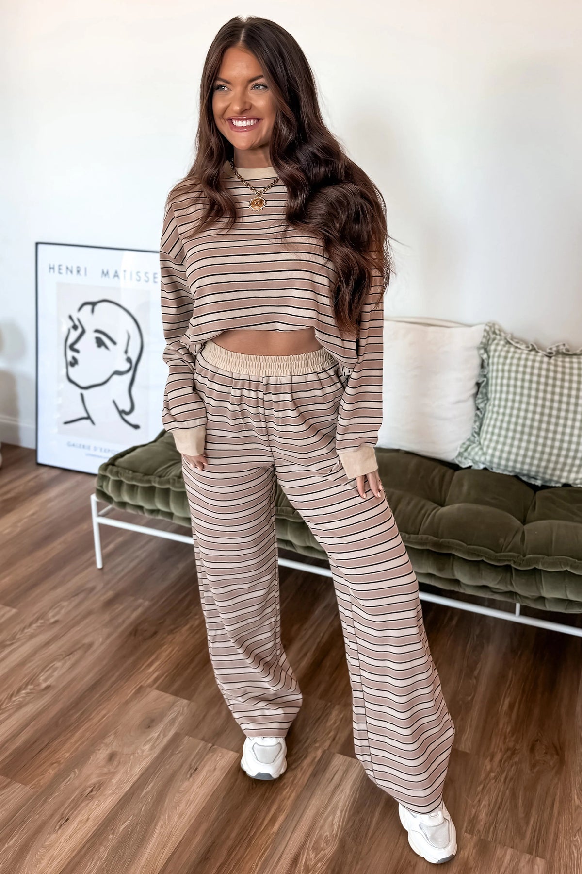 Khaki Stripe Contrast Trim Long Sleeve Top Elastic Waist Pants Set-Two Piece Sets/Pant Sets-[Adult]-[Female]-2022 Online Blue Zone Planet