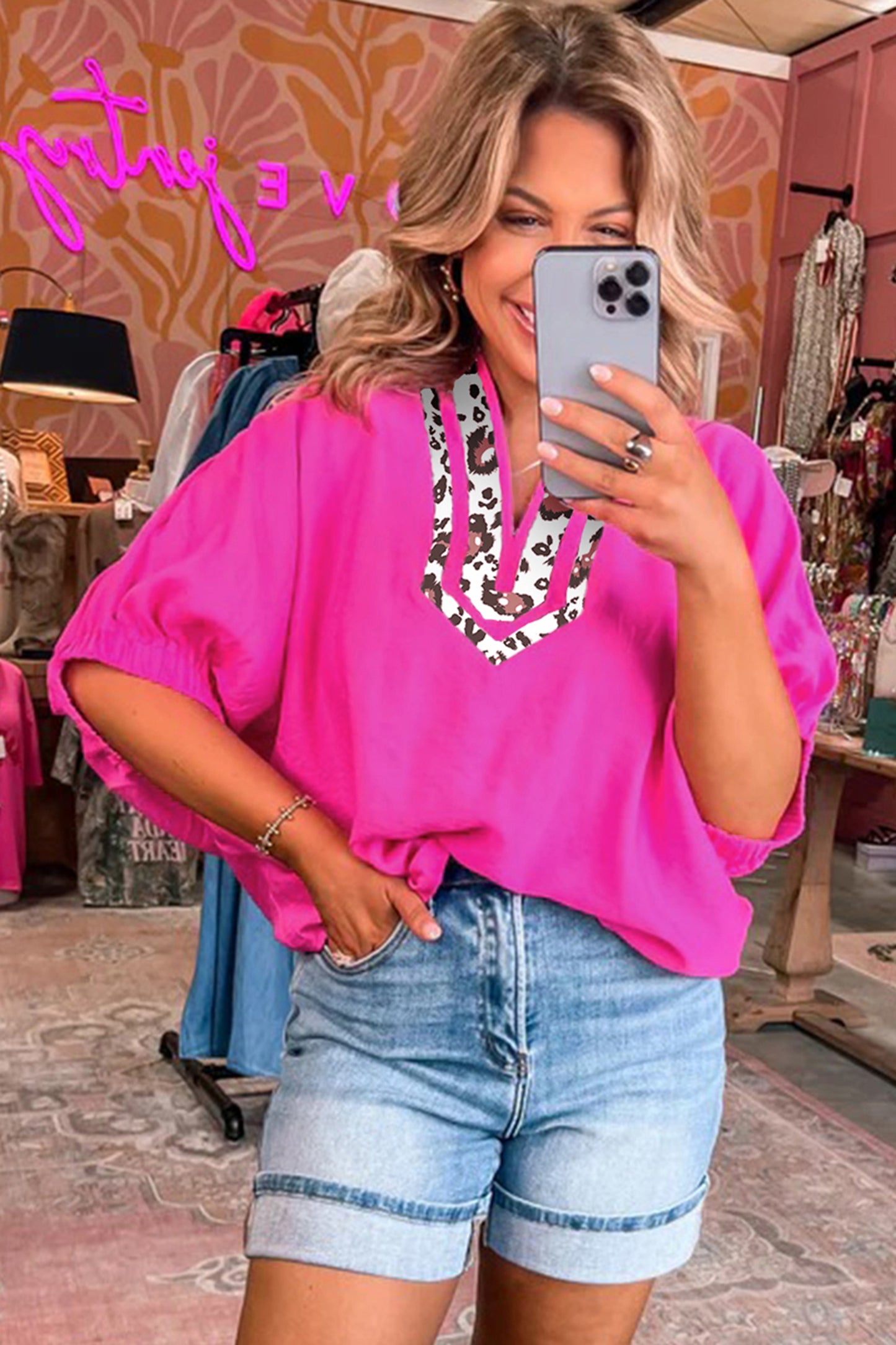 Rose Red Dolman Half Sleeve Leopard Patchwork Trim V Neck Blouse-Tops/Blouses & Shirts-[Adult]-[Female]-2022 Online Blue Zone Planet