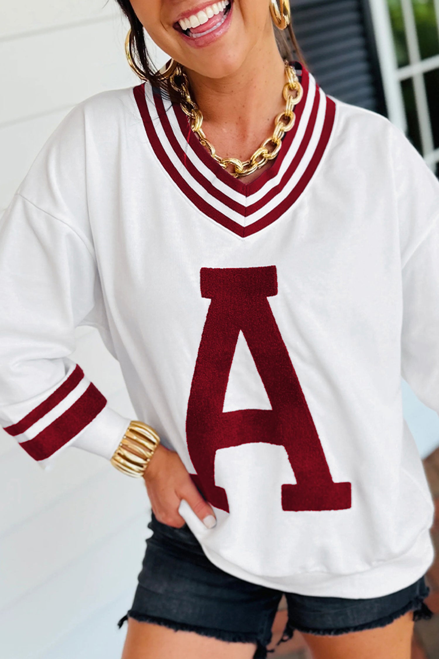 Red Dahlia Chenille Letter A Graphic Varsity Striped V Neck Puff Sleeve Sweatshirt-Tops/Sweatshirts & Hoodies-[Adult]-[Female]-Red Dahlia-S-2022 Online Blue Zone Planet