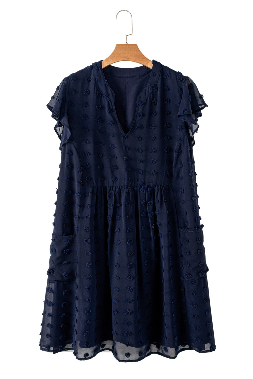 Navy Blue Dotty Textured Notched Neck Plus Ruffled Dress-TOPS / DRESSES-[Adult]-[Female]-2022 Online Blue Zone Planet