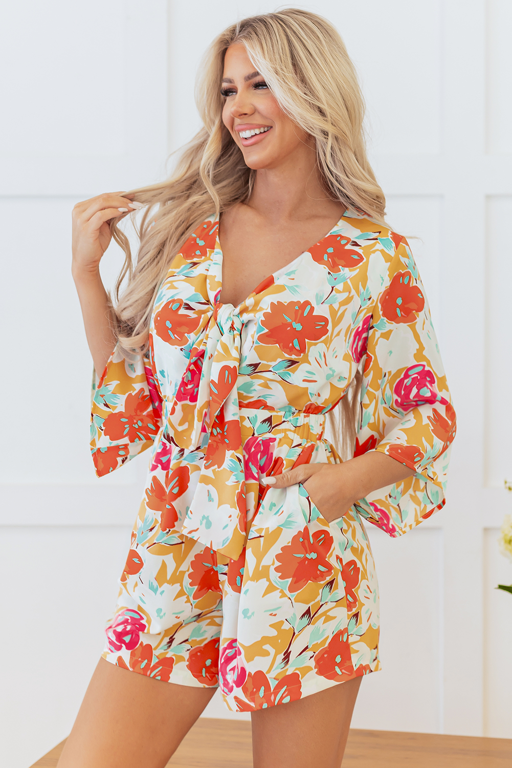 Blue Zone Planet | Orange Blooming Floral Print Front Tie Romper-Bottoms/Jumpsuits & Rompers-[Adult]-[Female]-2022 Online Blue Zone Planet